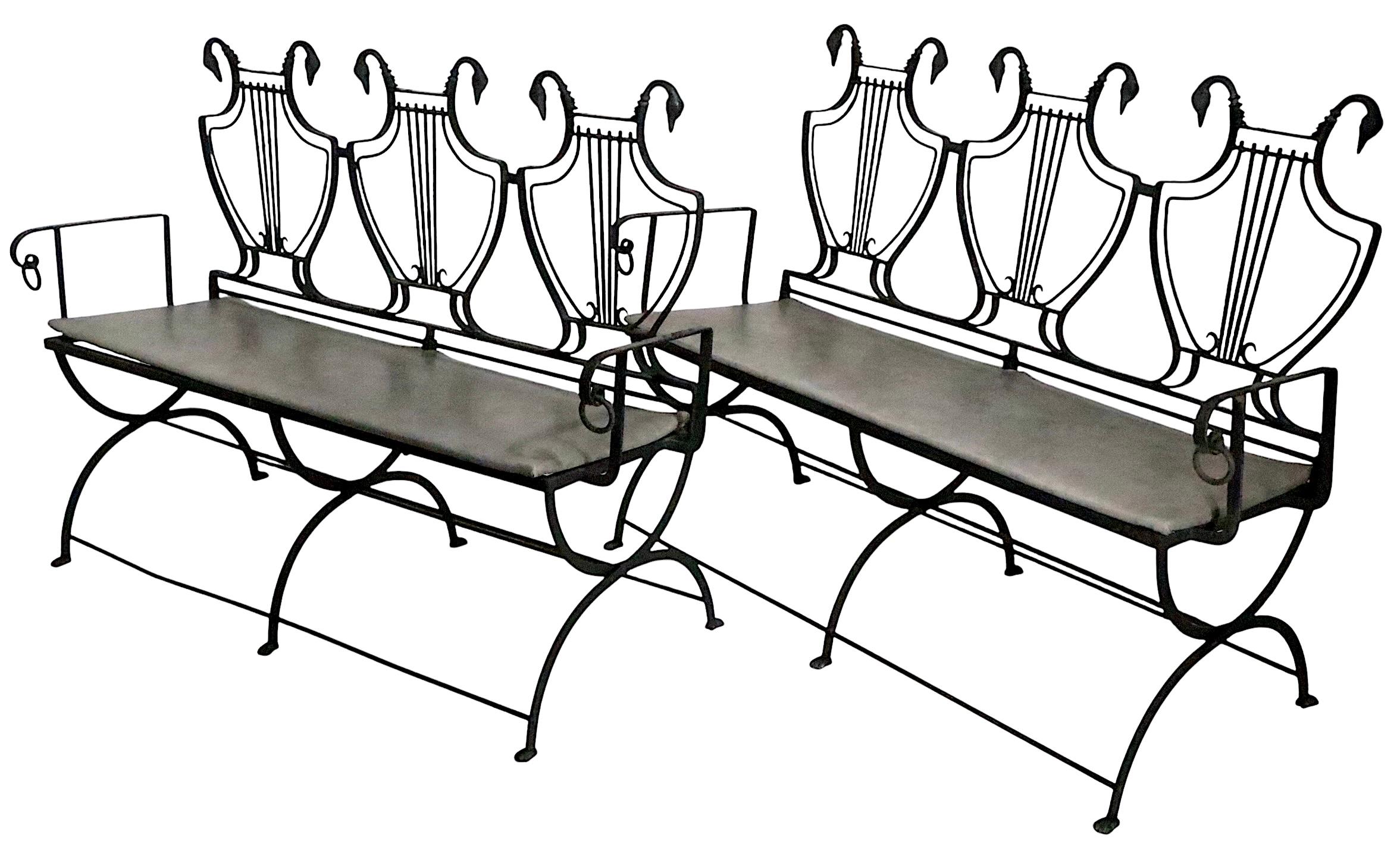 Pair of Maison Jansen Style Lyre Back Wrought Iron and Bronze Benches In Good Condition For Sale In New York, NY