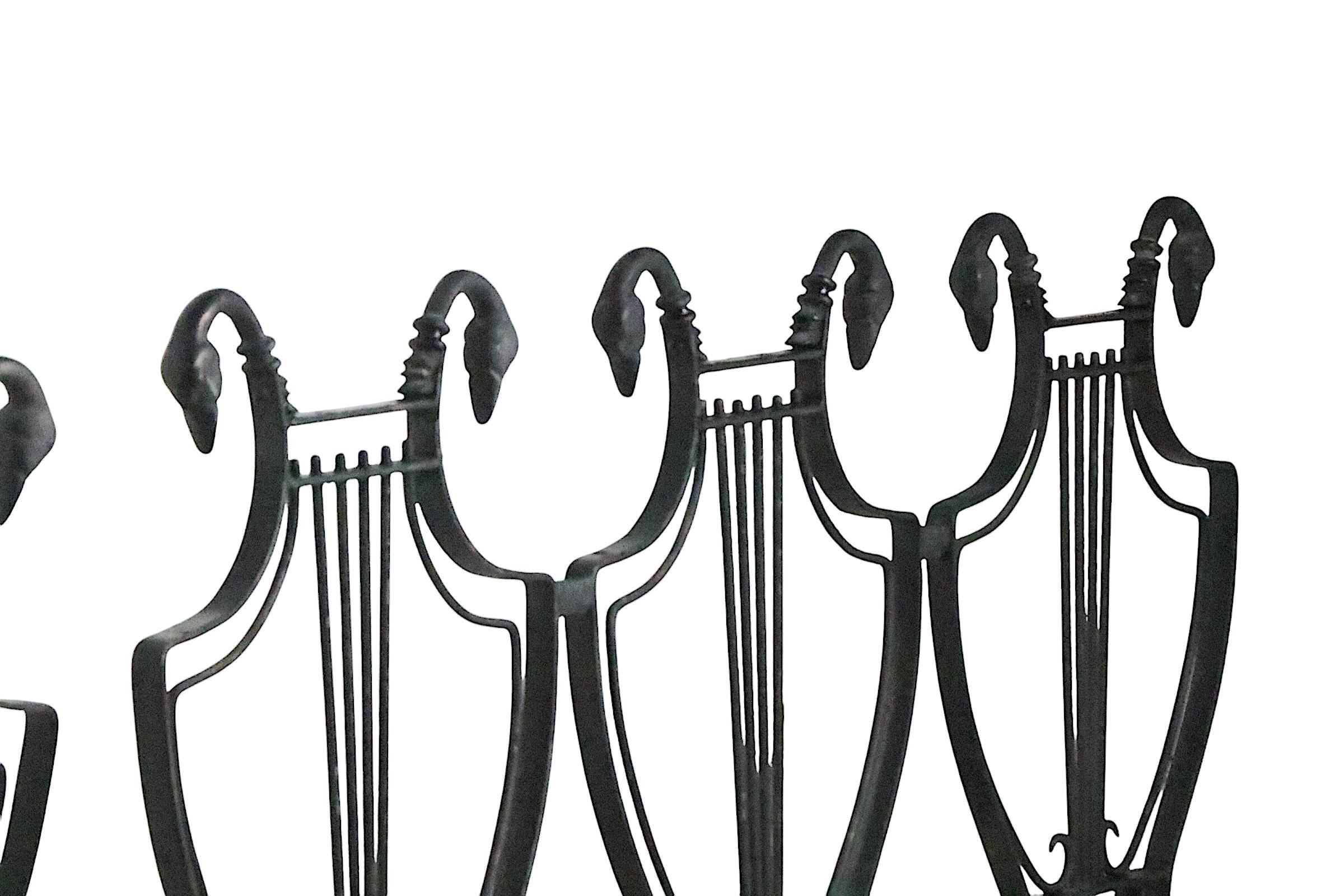20th Century Pair of Maison Jansen Style Lyre Back Wrought Iron and Bronze Benches For Sale