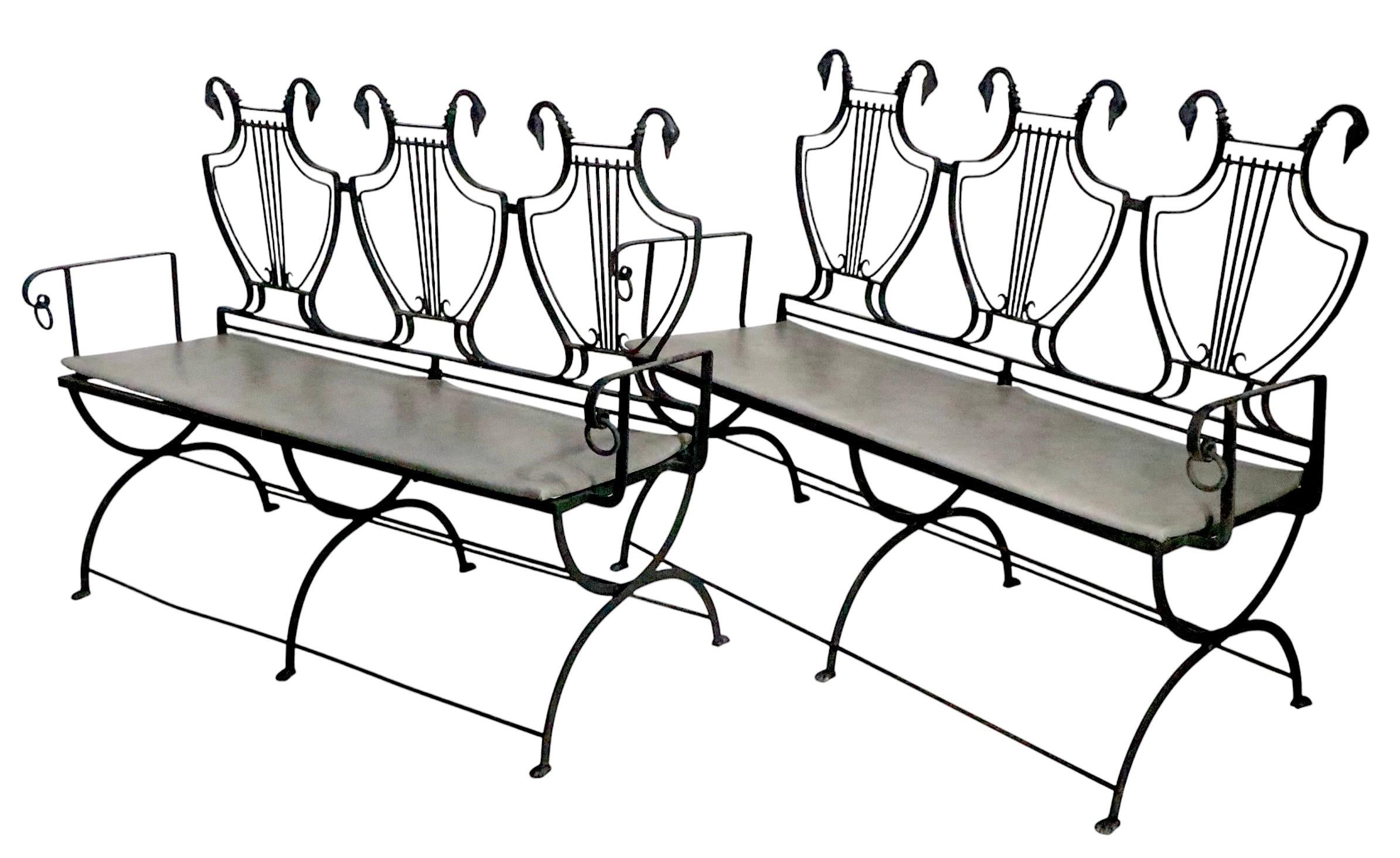 Pair of Maison Jansen Style Lyre Back Wrought Iron and Bronze Benches For Sale 1