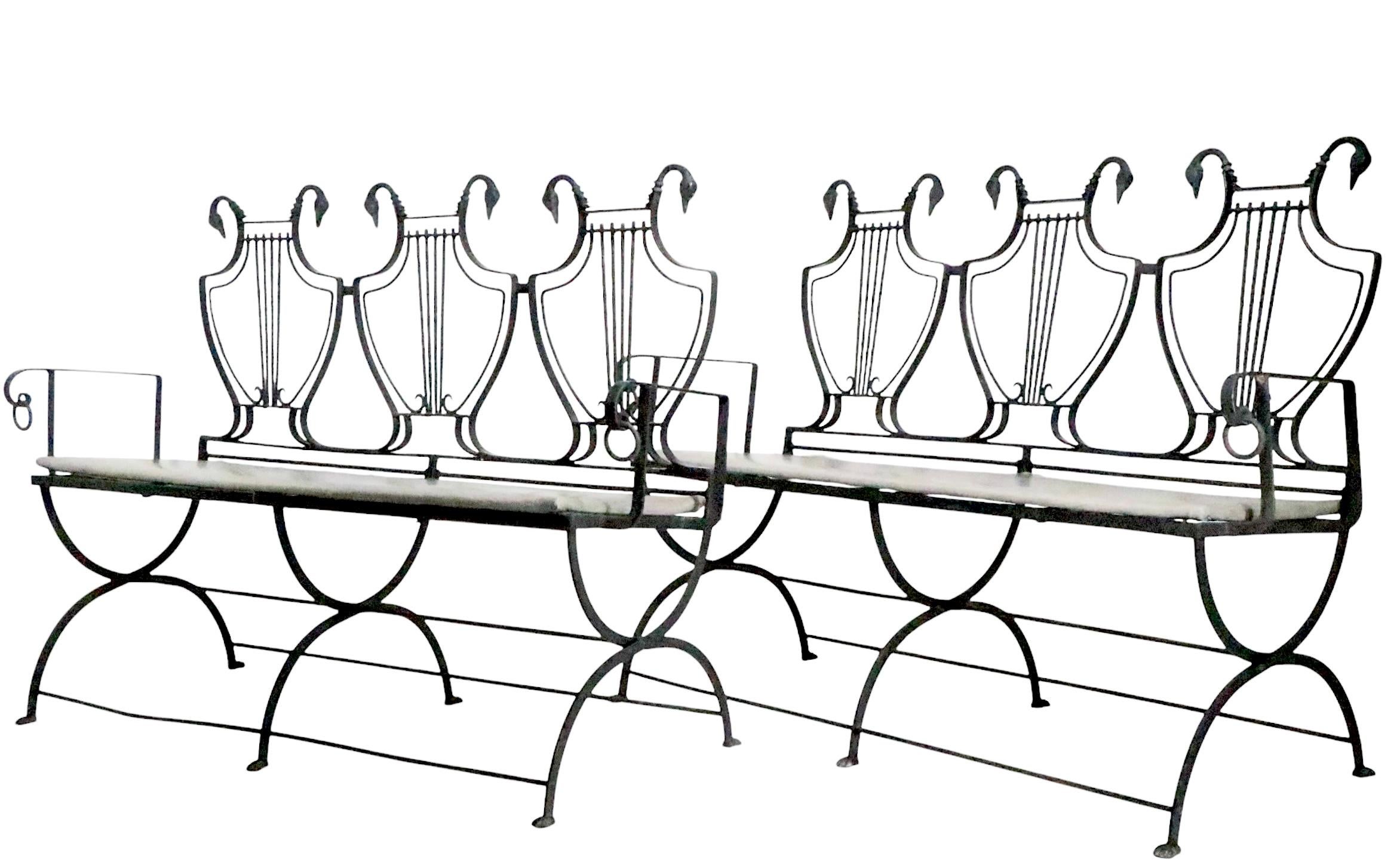 Pair of Maison Jansen Style Lyre Back Wrought Iron and Bronze Benches For Sale 2