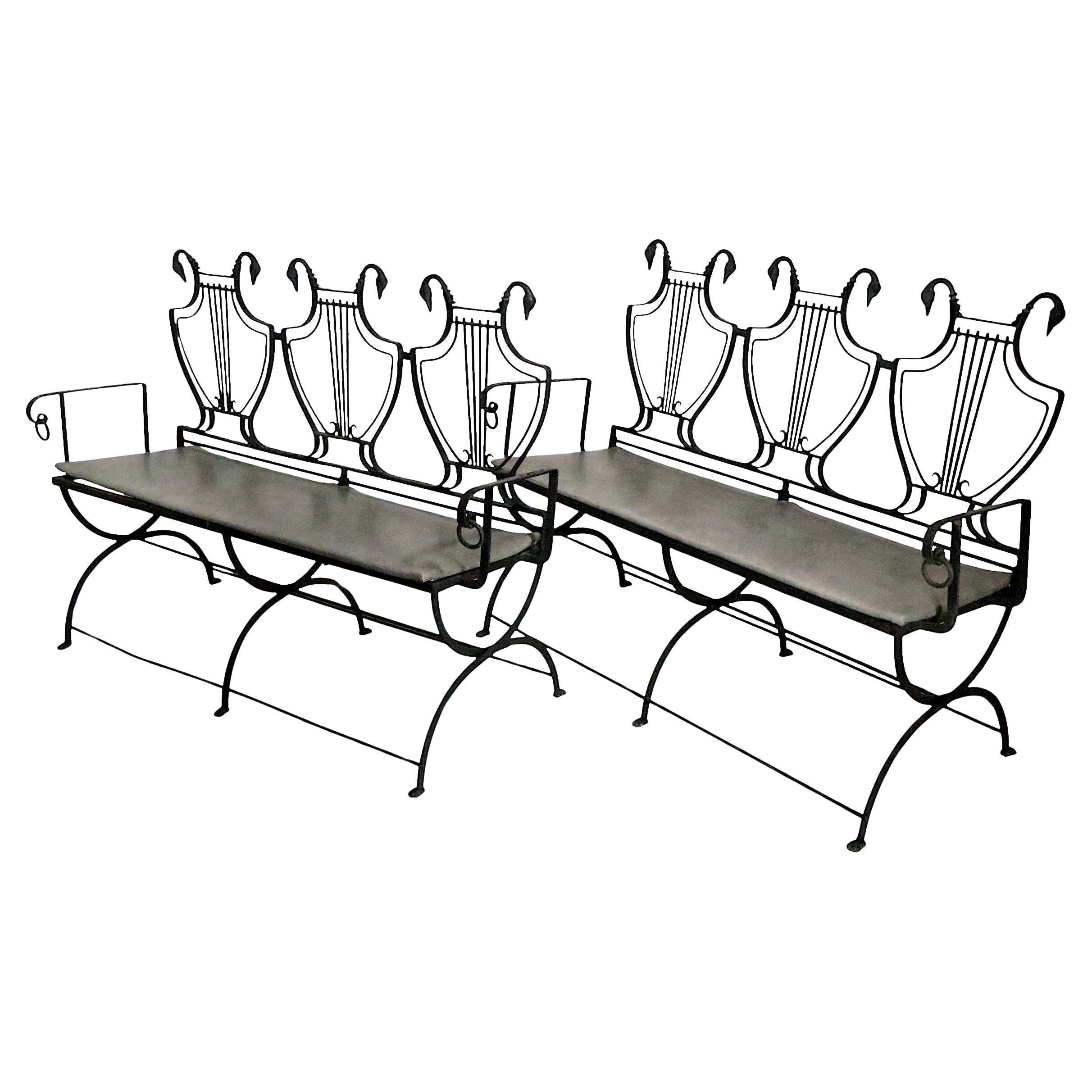 Pr. Italian Maison Jansen Lyre Back Wrought Iron and Bronze Benches