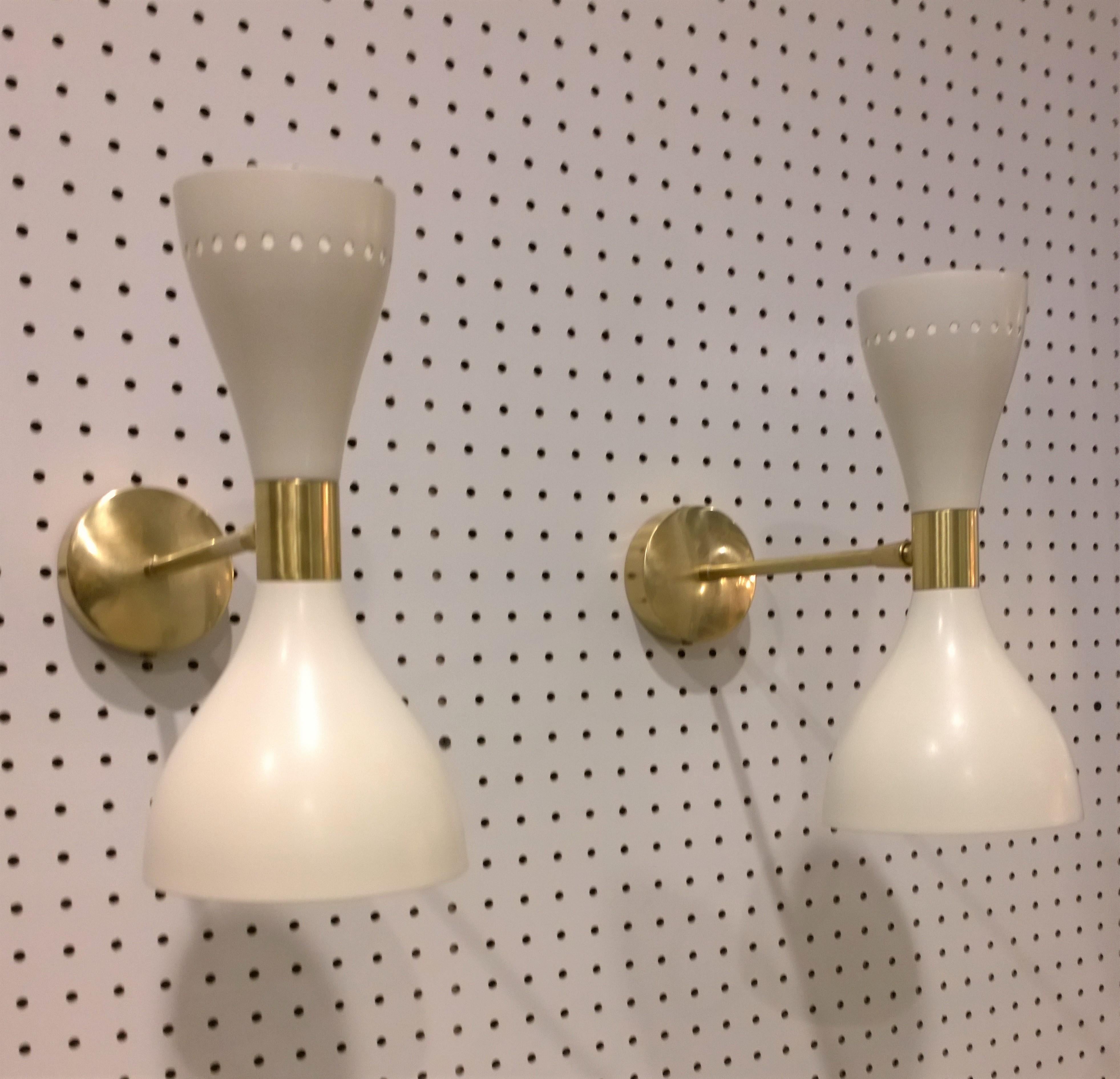 2 Italian Mid-Century Modern Stilnovo Style White Enamel Metal and Brass Sconces 5