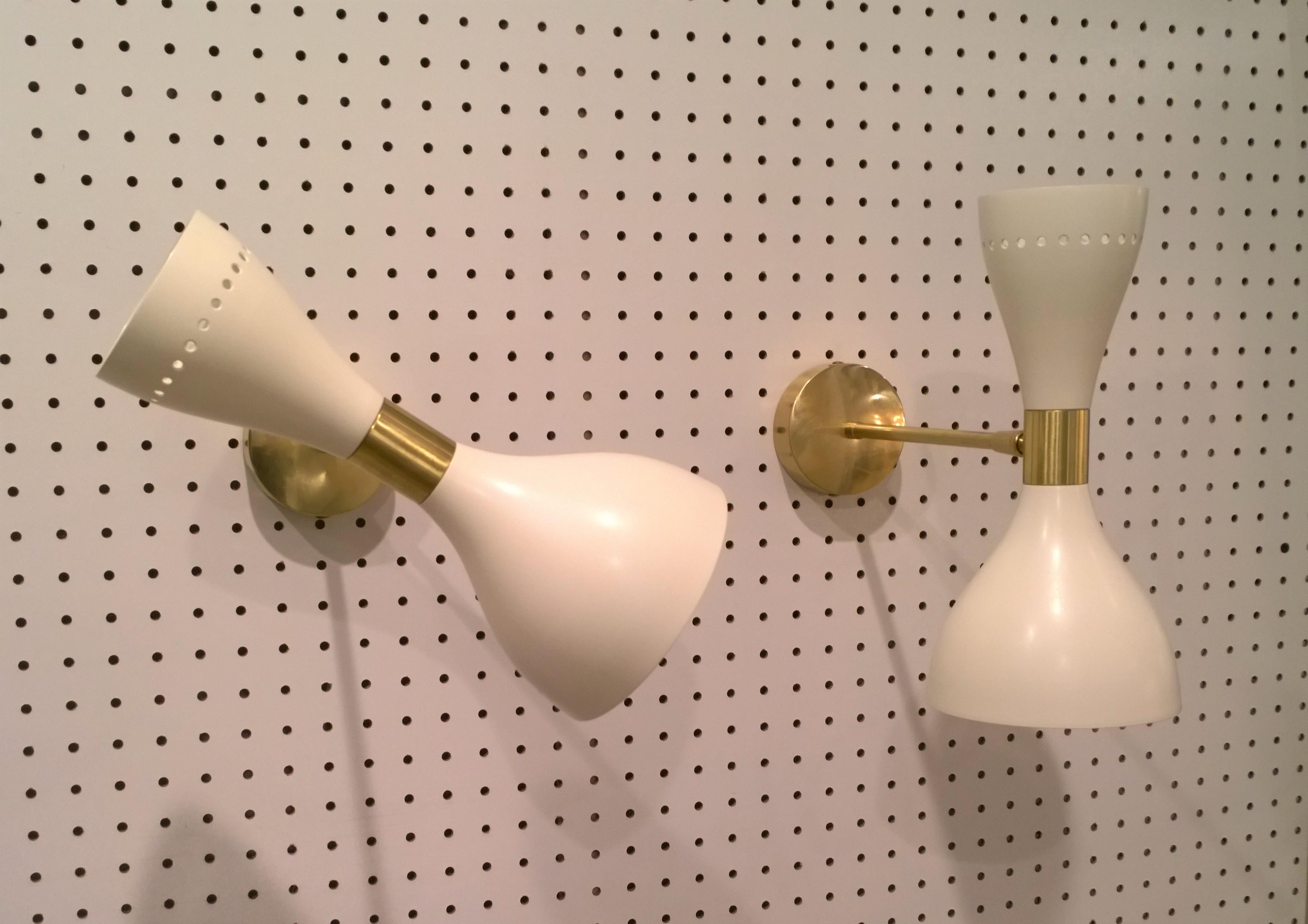2 Italian Mid-Century Modern Stilnovo Style White Enamel Metal and Brass Sconces 9