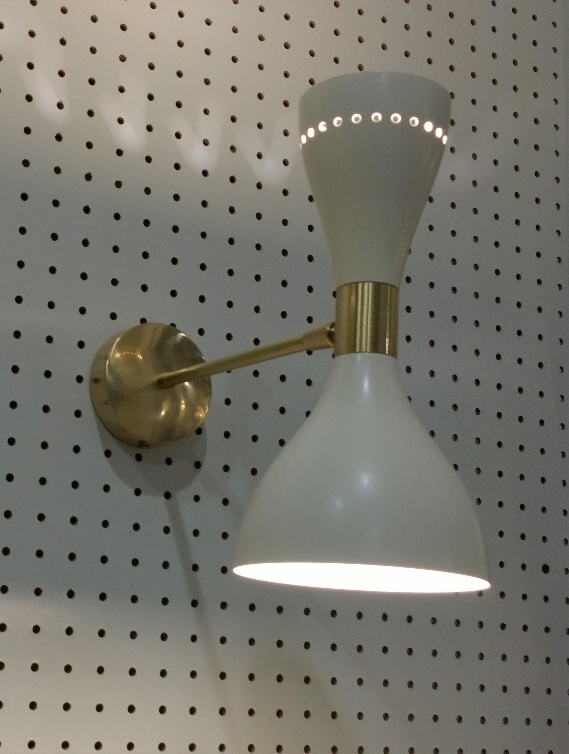 Enameled 2 Italian Mid-Century Modern Stilnovo Style White Enamel Metal and Brass Sconces
