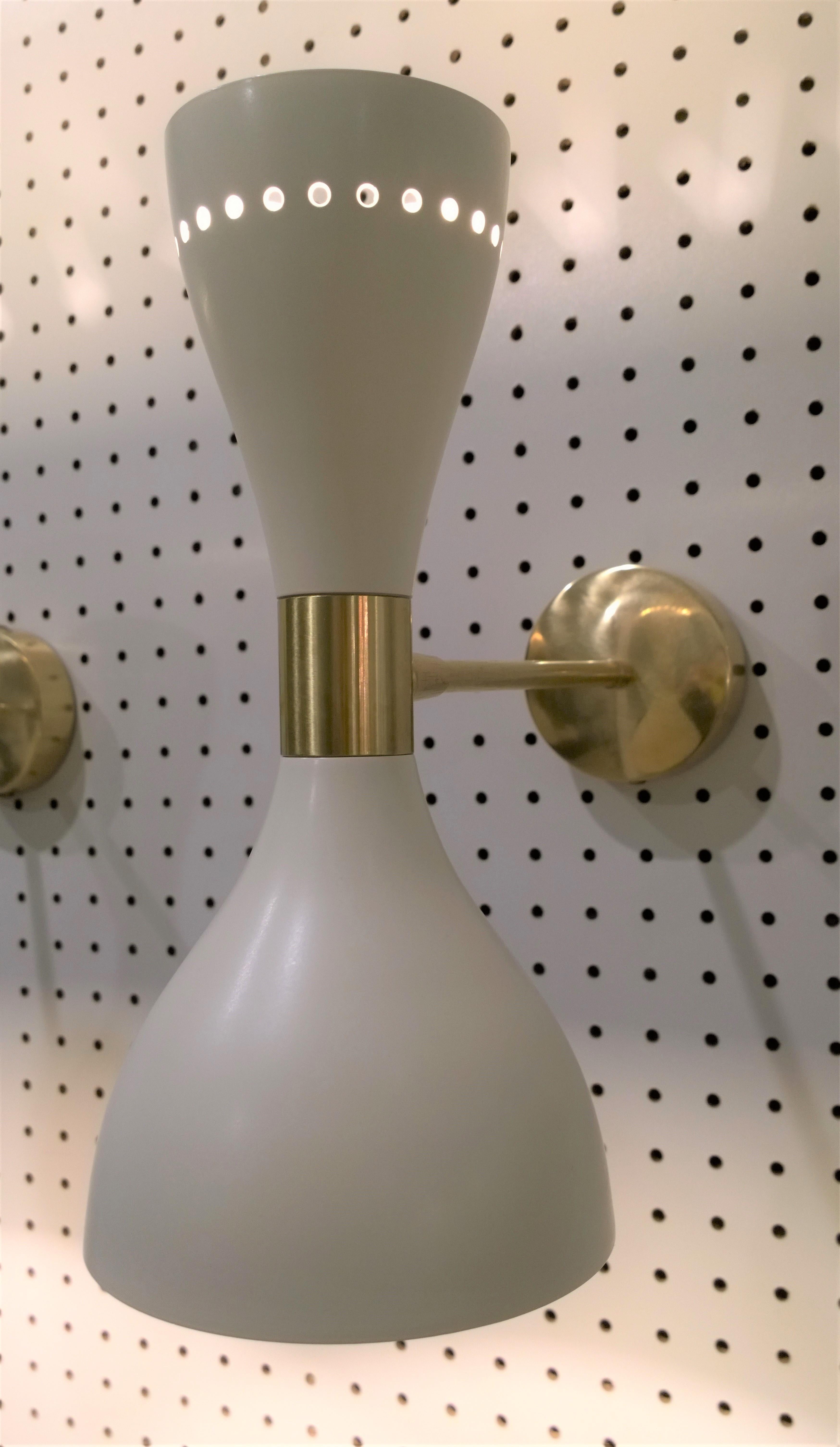 20th Century 2 Italian Mid-Century Modern Stilnovo Style White Enamel Metal and Brass Sconces