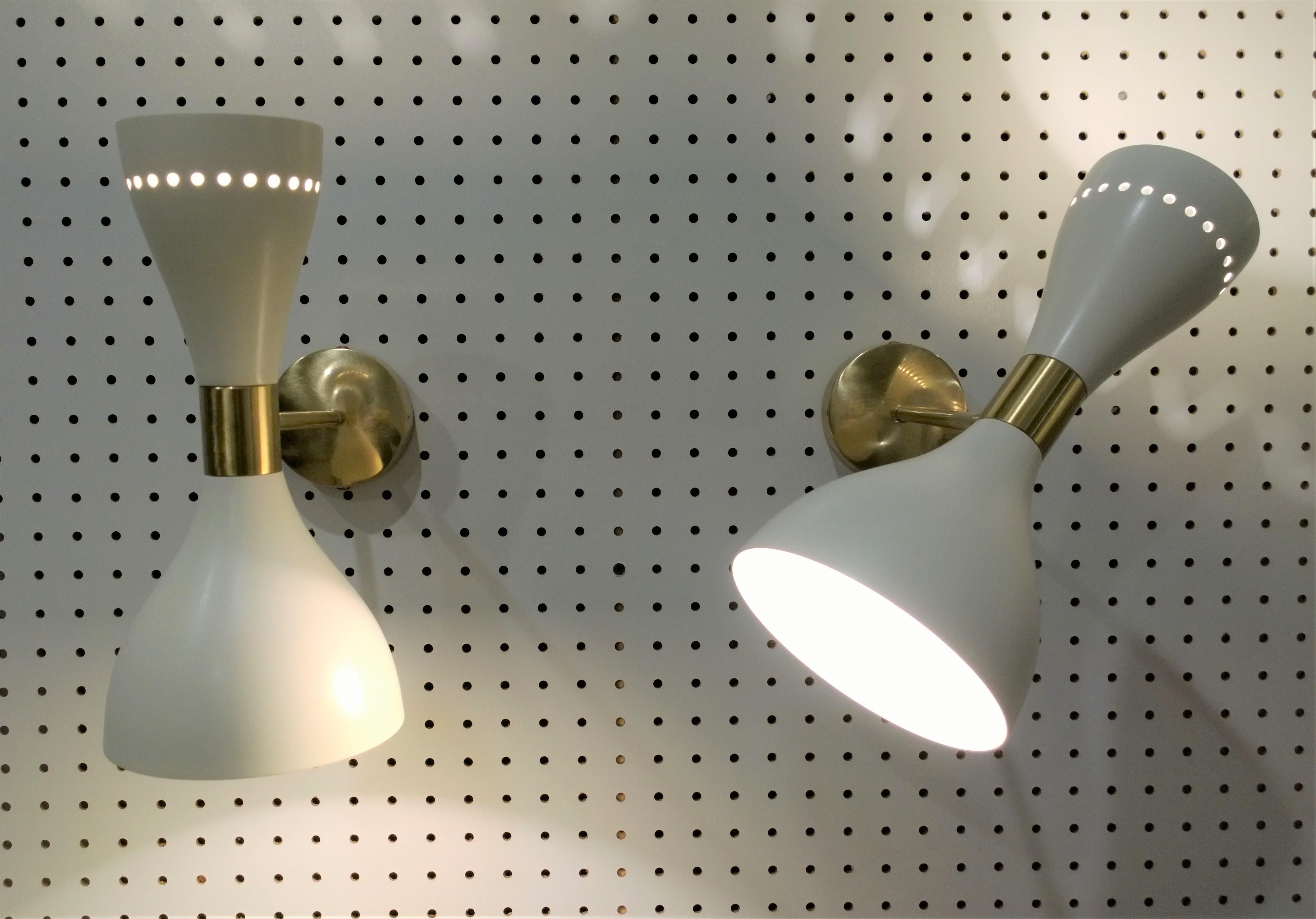 2 Italian Mid-Century Modern Stilnovo Style White Enamel Metal and Brass Sconces 3