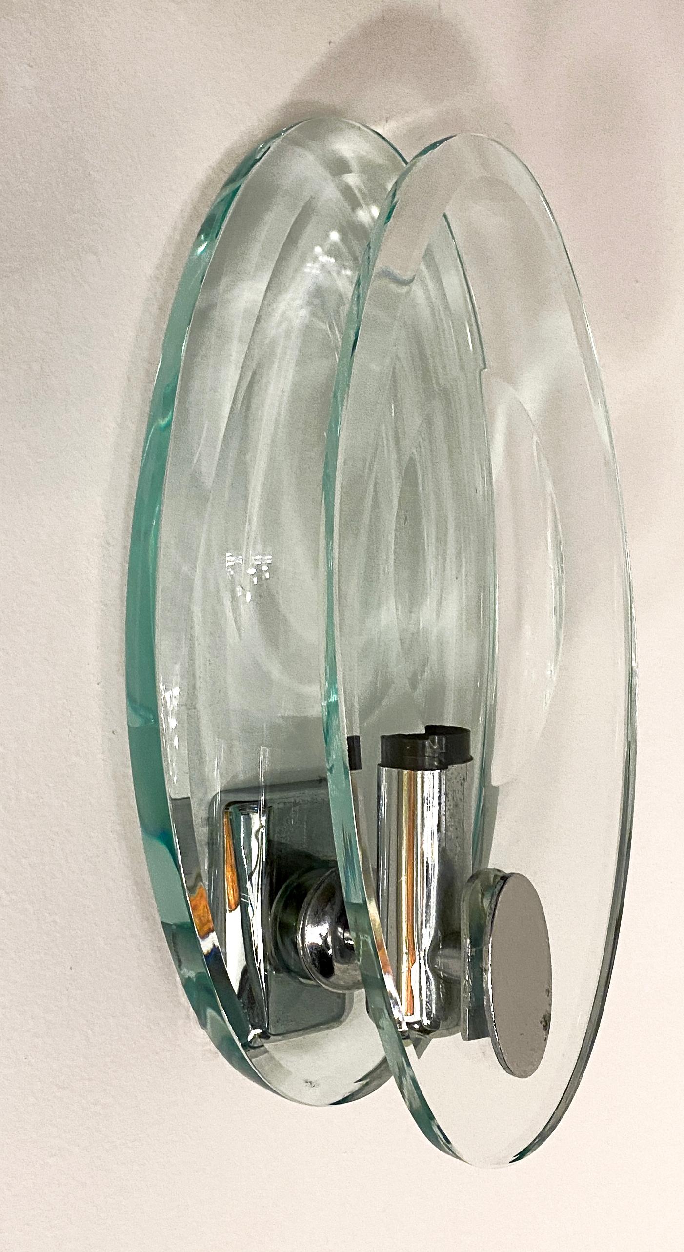 Pair of Italian Modern Glass and Polished Nickel Sconces, Max Ingrand for Fontana In Good Condition For Sale In Hollywood, FL