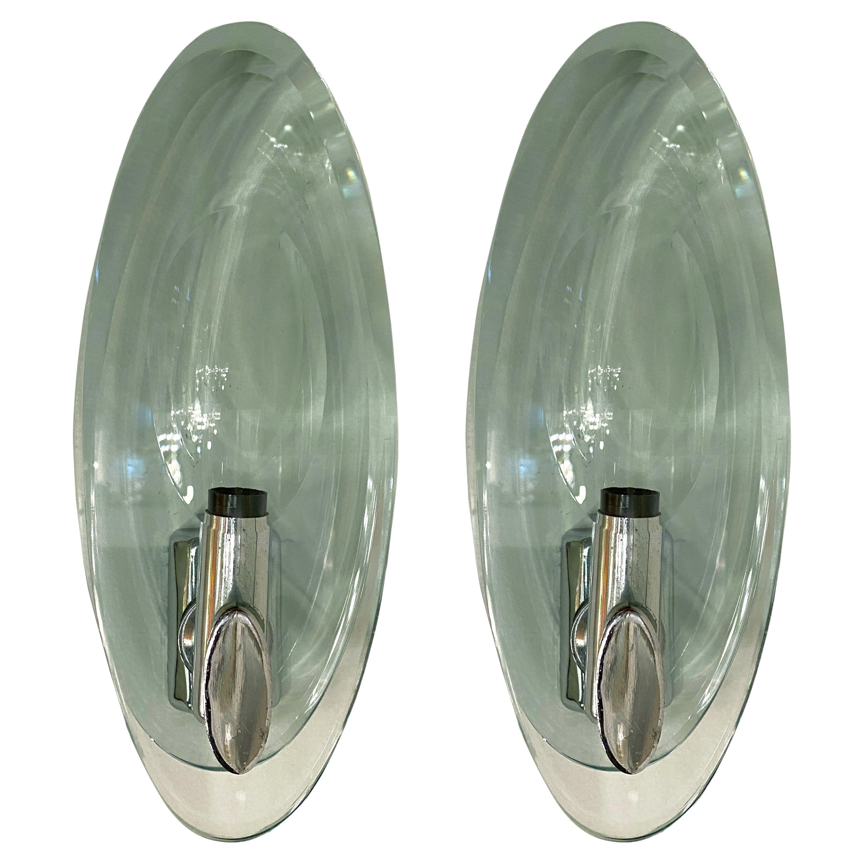 Pair of Italian Modern Glass and Polished Nickel Sconces, Max Ingrand for Fontana For Sale