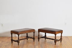 Pr. Italian, Piemontese, LXIV Period Walnut & Leather Upholstered Benches, 18thc