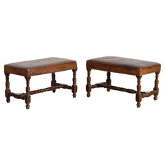 Pr. Italian, Piemontese, LXIV Period Walnut & Leather Upholstered Benches, 18thc
