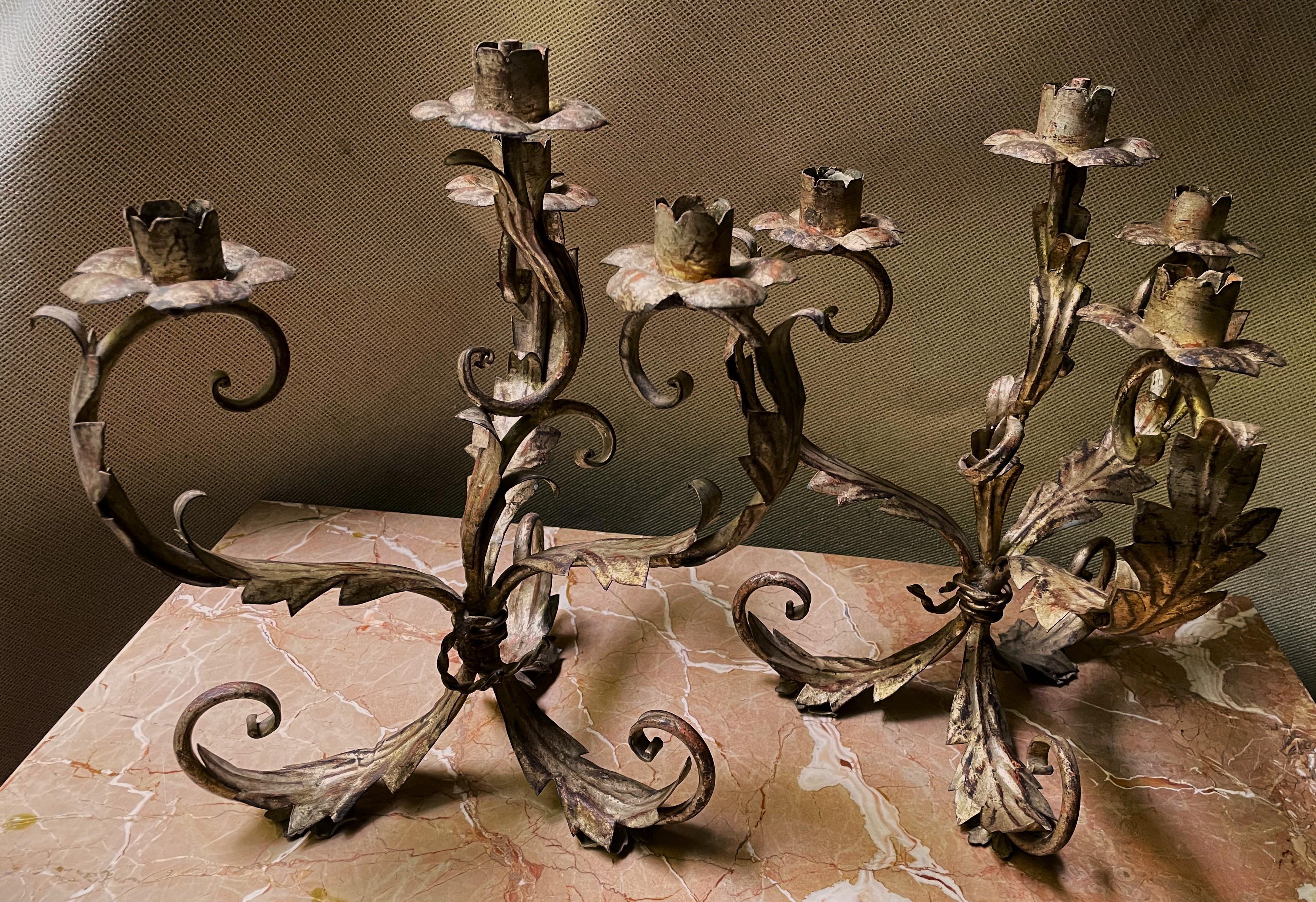 Pr Italian Silver Gilt Tole 4 Light Candelabra Candle Holder Lights Leaf & Swirl For Sale 5