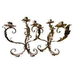 Pr Italian Silver Gilt Tole 4 Light Candelabra Candle Holder Lights Leaf & Swirl