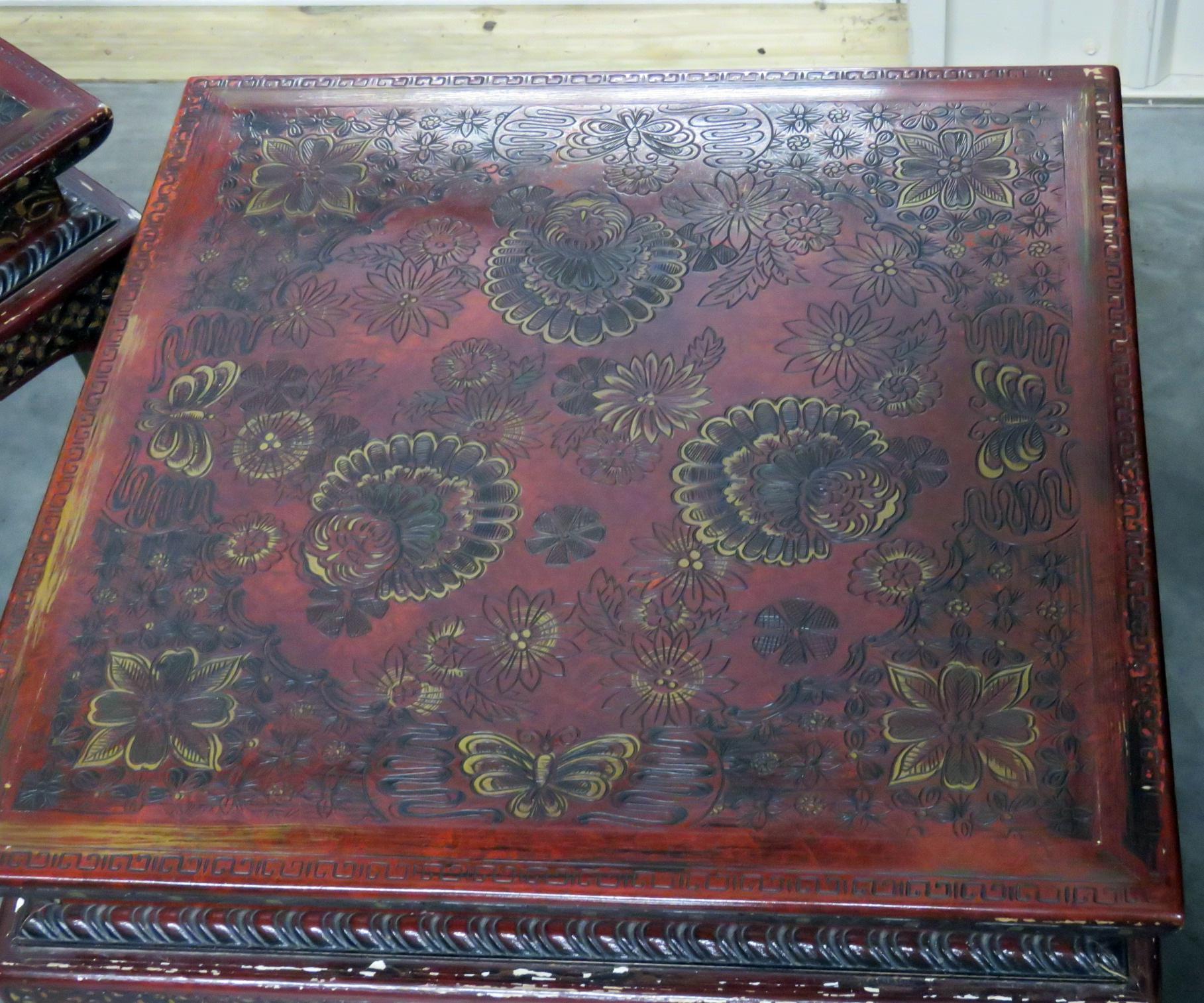 Painted Pair of John Widdicomb Coromandel Lacquer Carved Chinoiserie End Side Tables