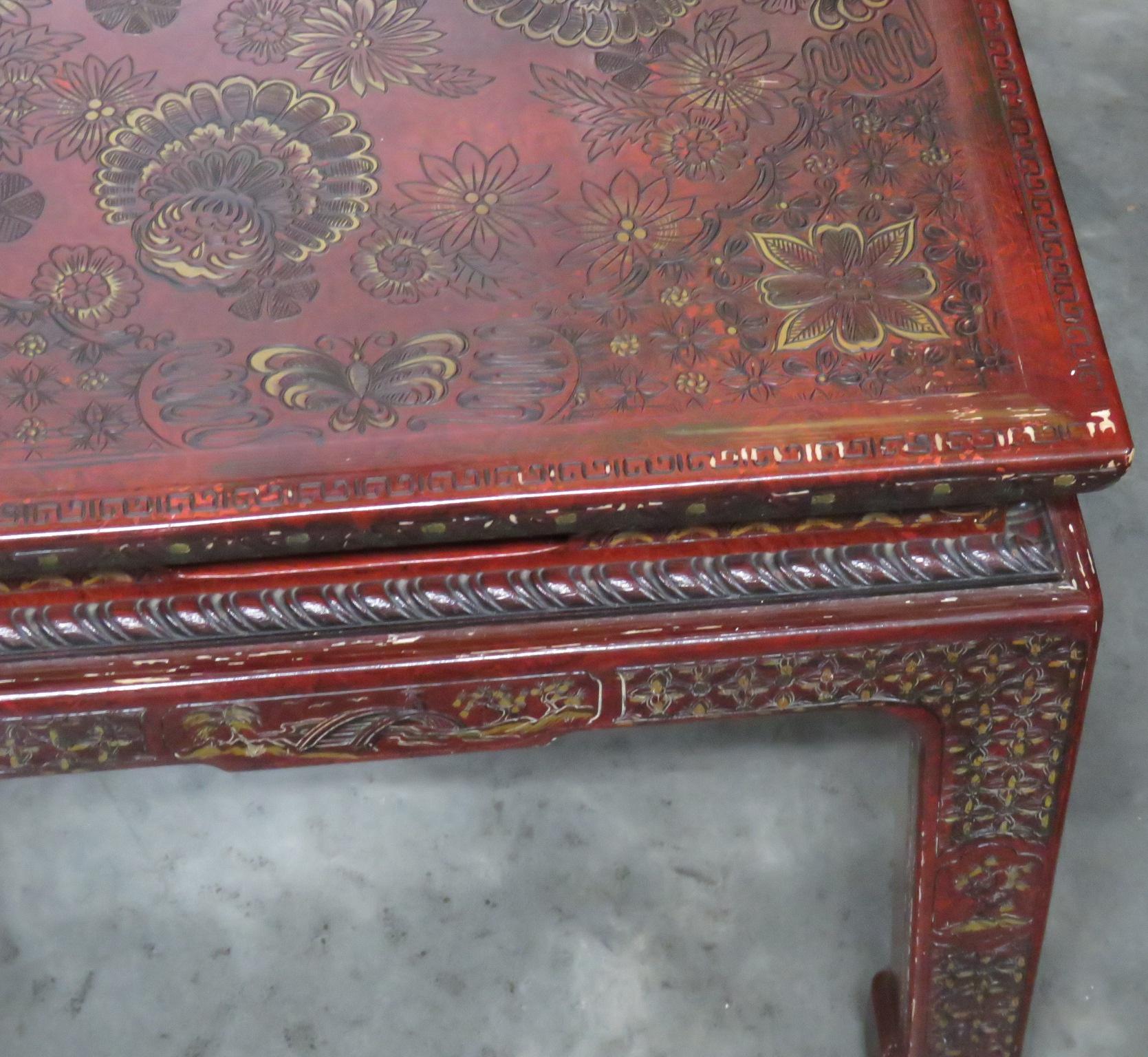 Pair of John Widdicomb Coromandel Lacquer Carved Chinoiserie End Side Tables For Sale 1
