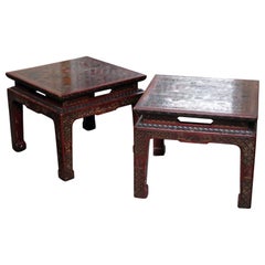 Pareja de mesas auxiliares John Widdicomb de chinoiserie tallada en laca Coromandel