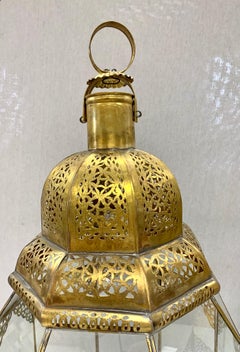 Pr Large Moroccan Moorish Handcrafted Brass and Glass Candle Lanterns Hurricanes