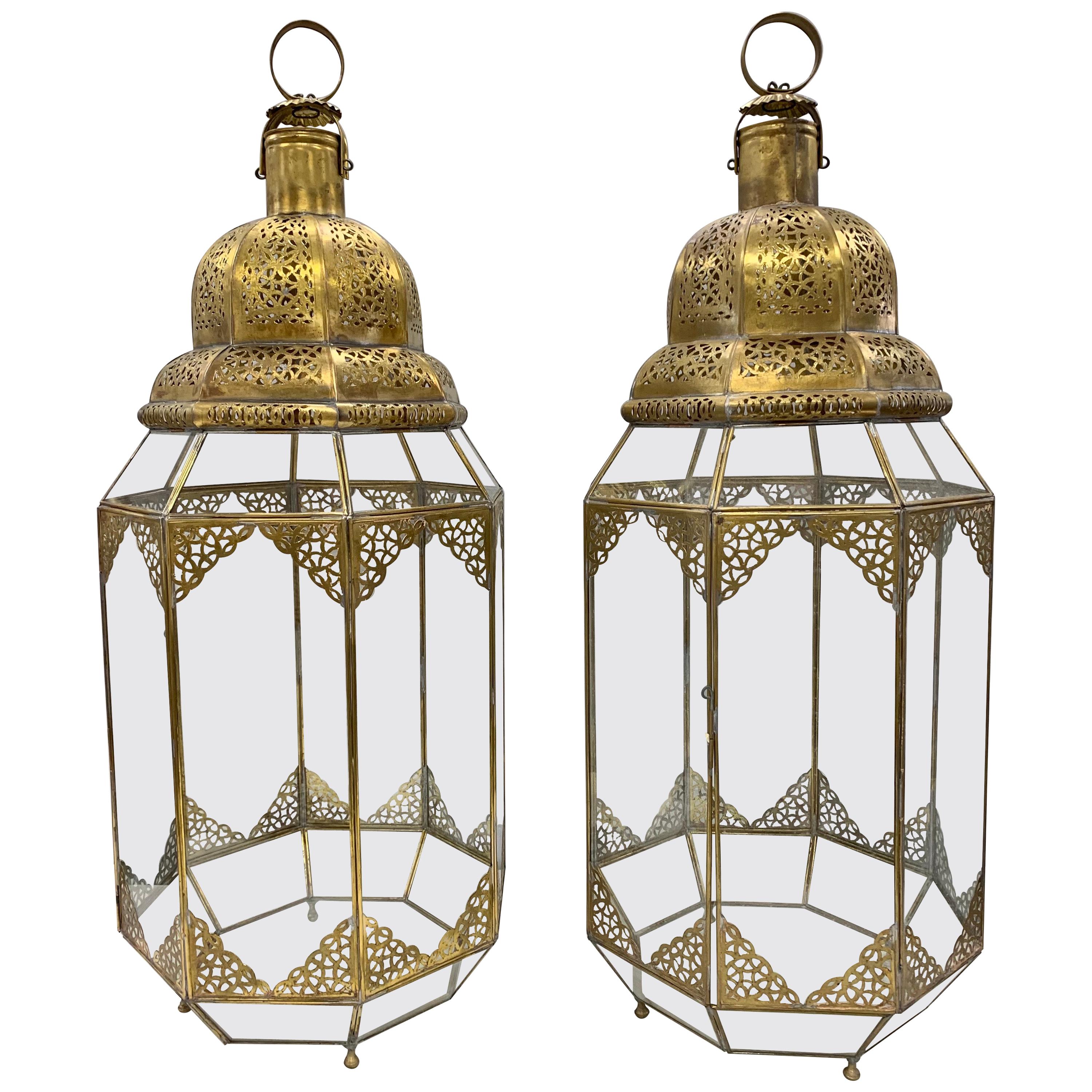 Pr Large Moroccan Moorish Handcrafted Brass and Glass Candle Lanterns Hurricanes