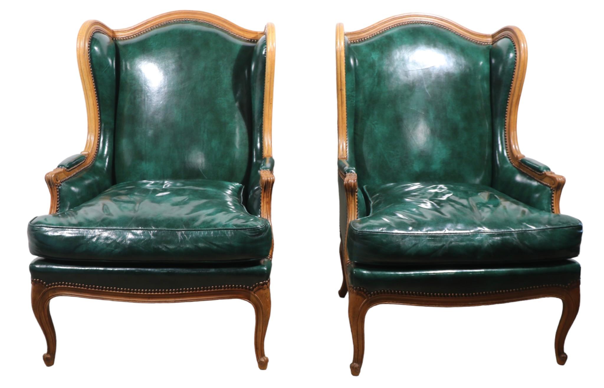 Pr. Leather French Provincial Style Wing Back Chairs by Baker Furniture Company 2