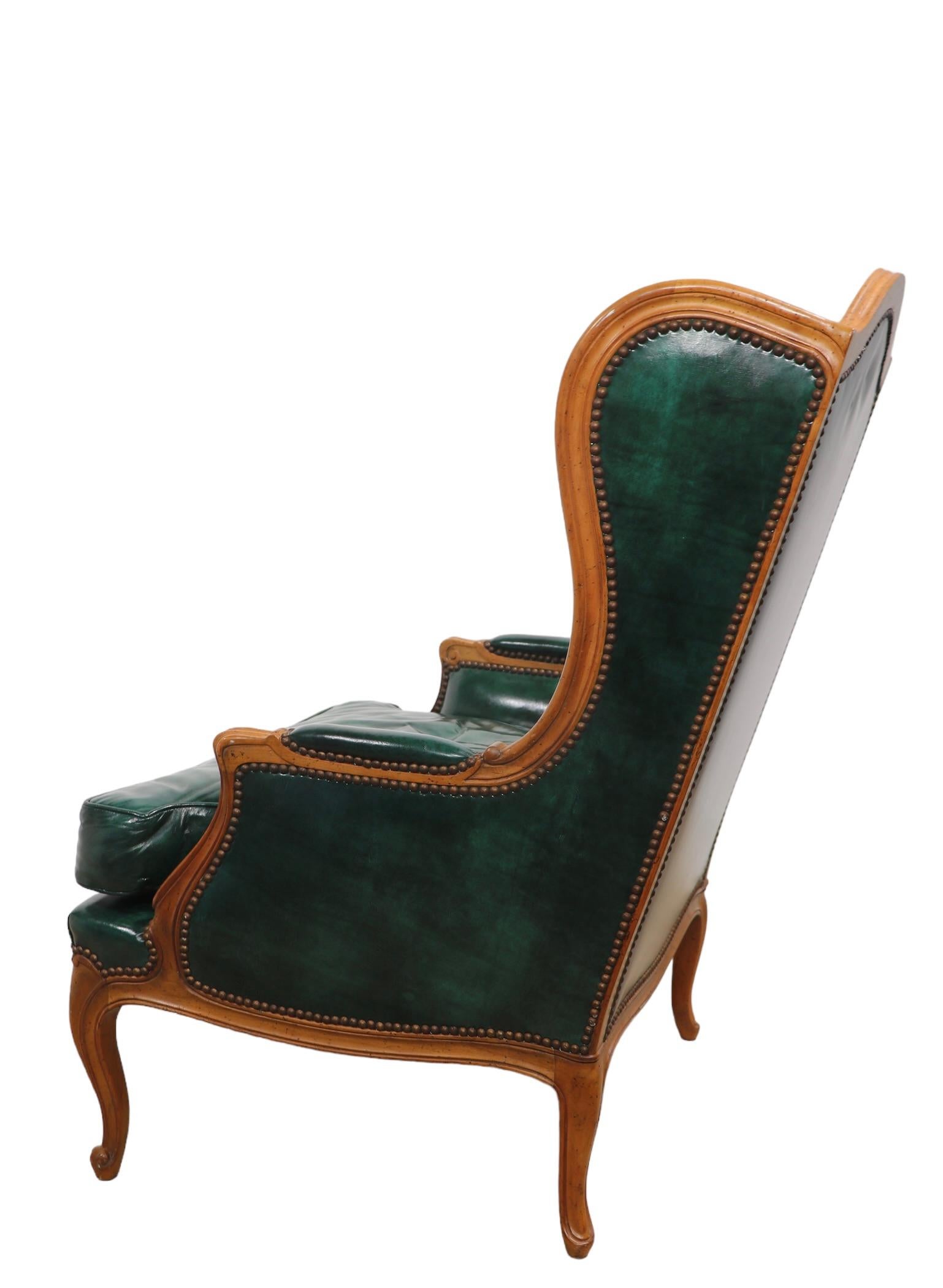 Pr. Leather French Provincial Style Wing Back Chairs by Baker Furniture Company 3