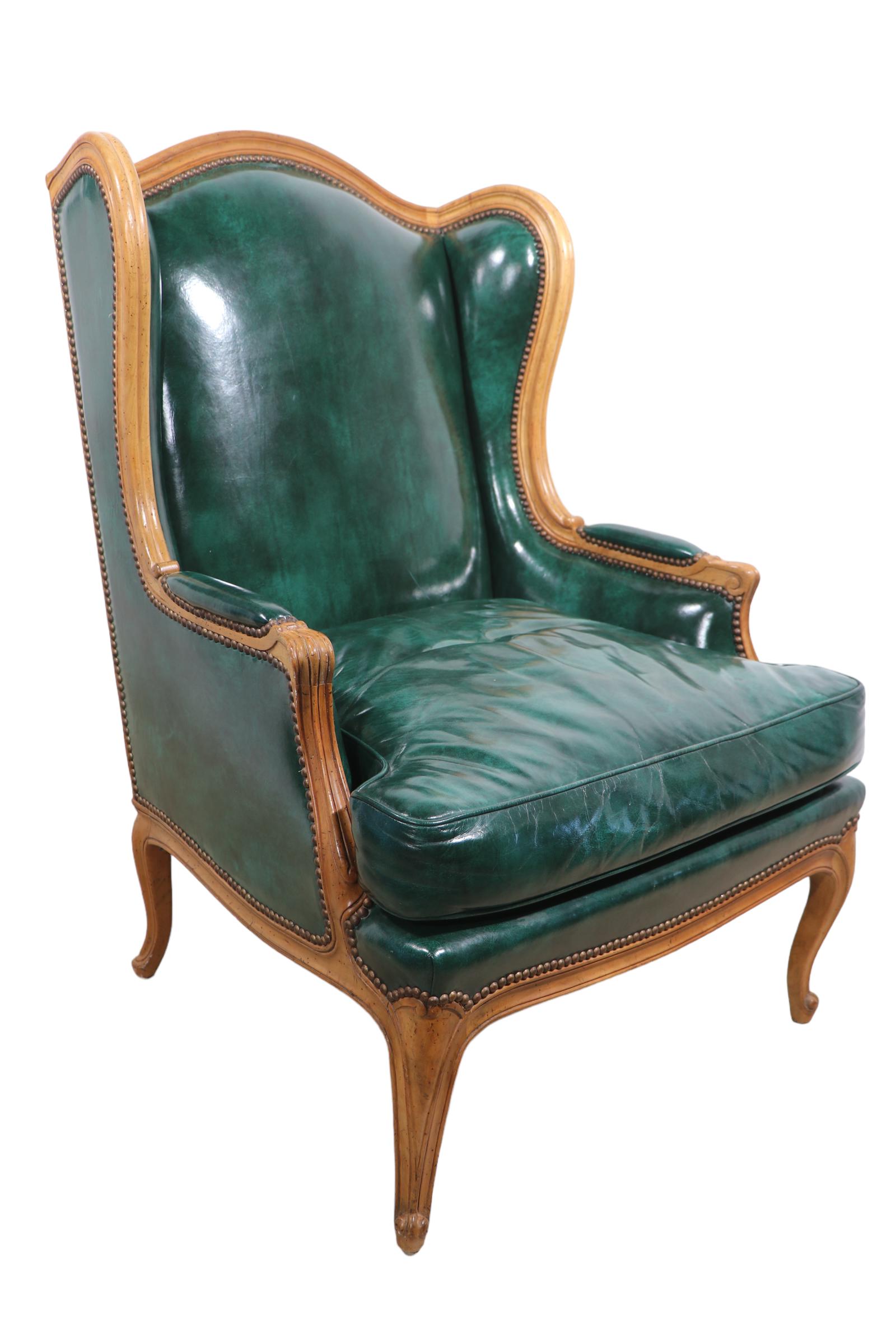 Pr. Leather French Provincial Style Wing Back Chairs by Baker Furniture Company 6