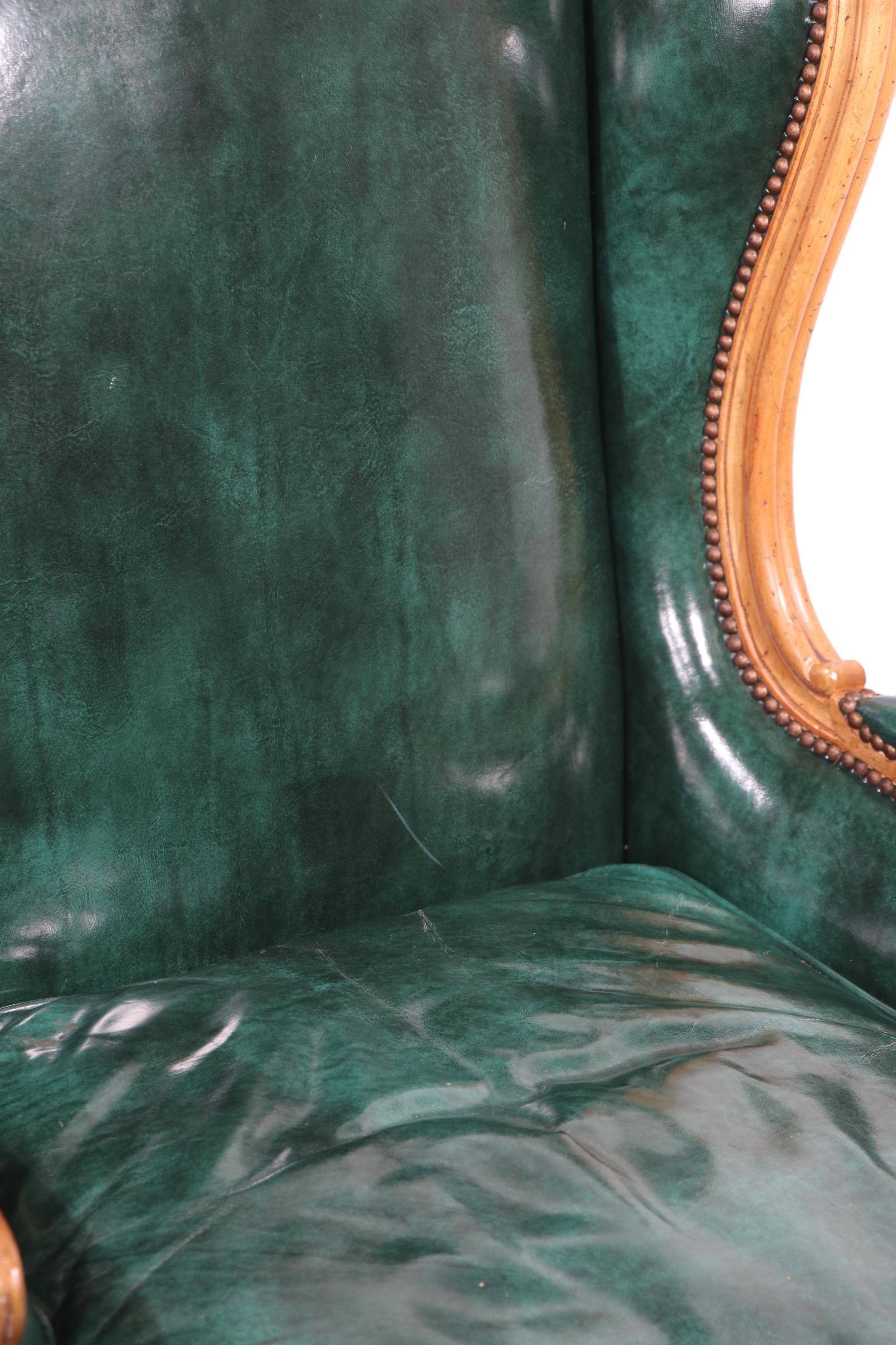 Pr. Leather French Provincial Style Wing Back Chairs by Baker Furniture Company 7