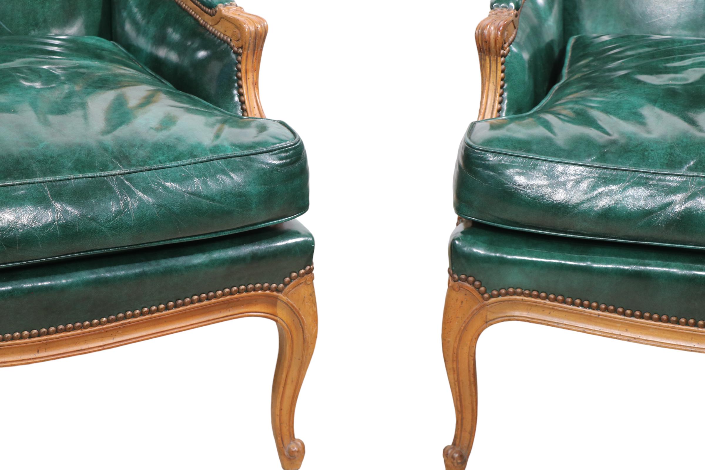 Pr. Leather French Provincial Style Wing Back Chairs by Baker Furniture Company 10