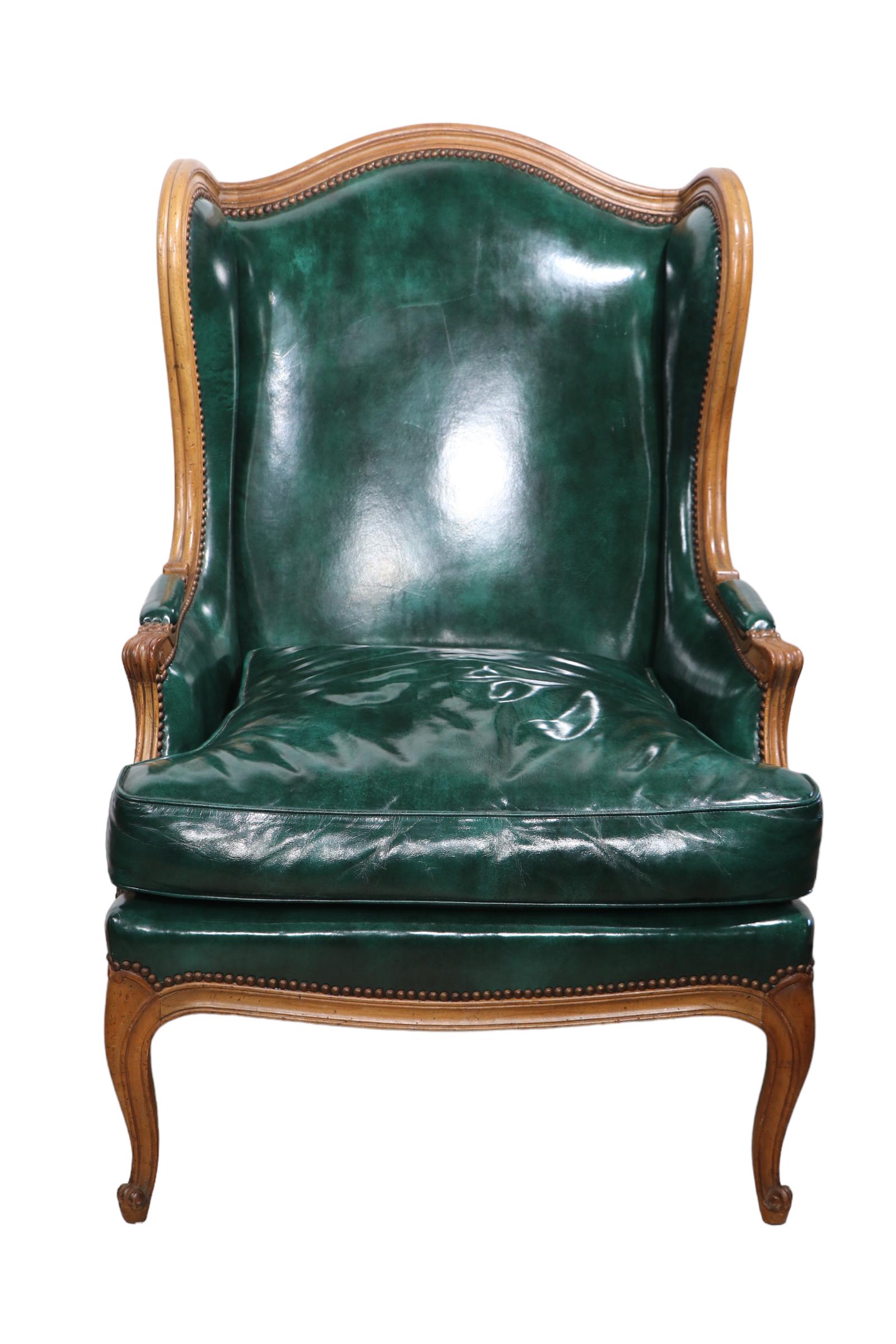 Pr. Leather French Provincial Style Wing Back Chairs by Baker Furniture Company 11