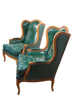 Pr. Leather French Provincial Style Wing Back Chairs by Baker Furniture Company