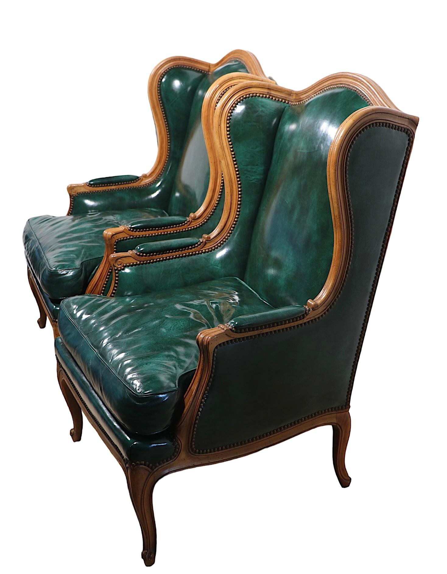 American Pr. Leather French Provincial Style Wing Back Chairs by Baker Furniture Company