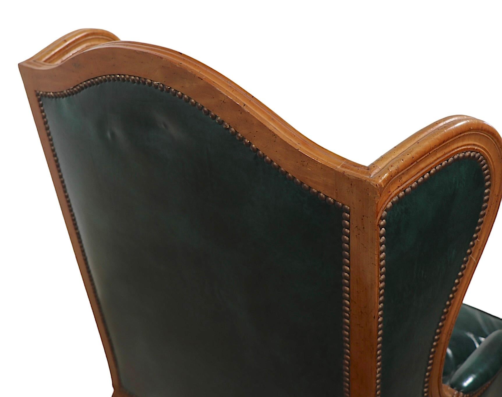 Pr. Leather French Provincial Style Wing Back Chairs by Baker Furniture Company In Good Condition In New York, NY