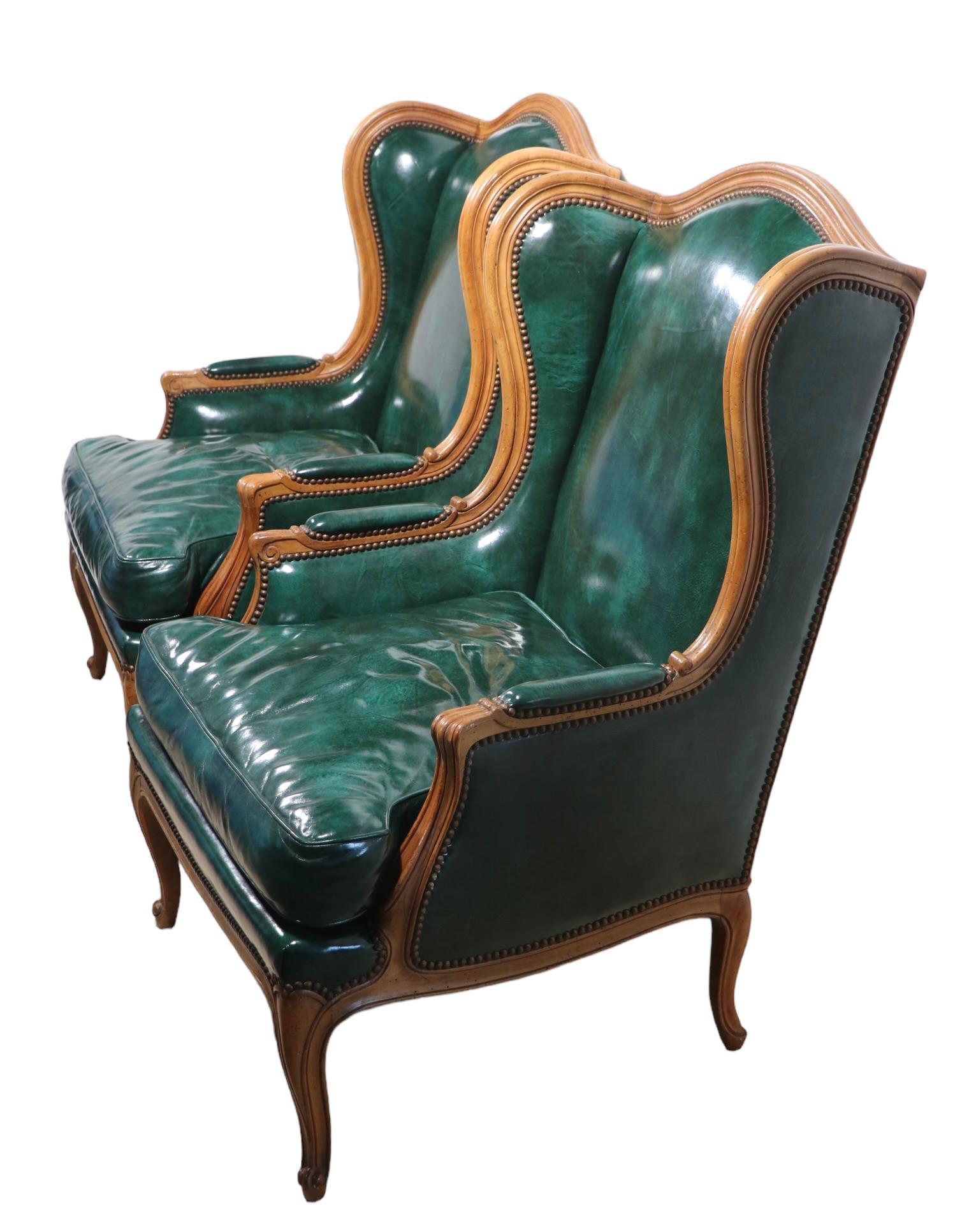 Pr. Leather French Provincial Style Wing Back Chairs by Baker Furniture Company 1