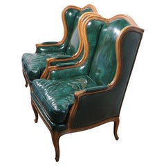 Pr. Leather French Provincial Style Wing Back Chairs by Baker Furniture Company