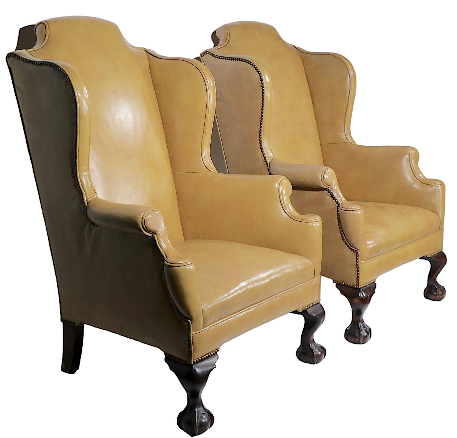 Pr. Leather Wingback Chairs with Ball and Claw Feet and  Nailhead Studs  For Sale 3