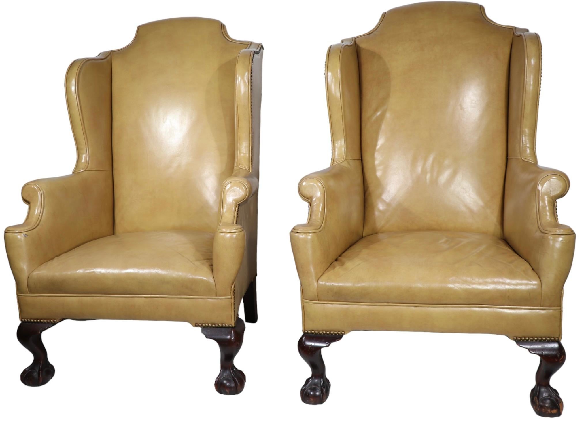 Pr. Leather Wingback Chairs with Ball and Claw Feet and  Nailhead Studs  For Sale 4