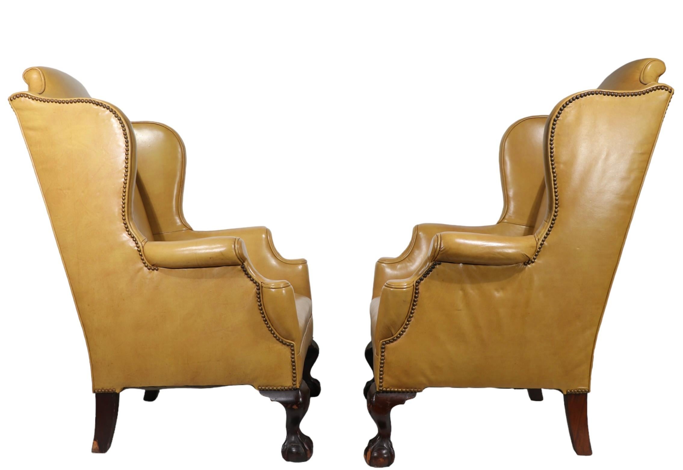 Pr. Leather Wingback Chairs with Ball and Claw Feet and  Nailhead Studs  For Sale 6