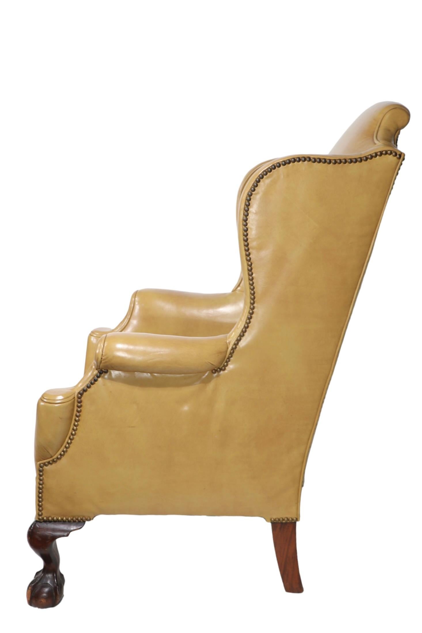 Pr. Leather Wingback Chairs with Ball and Claw Feet and  Nailhead Studs  For Sale 8