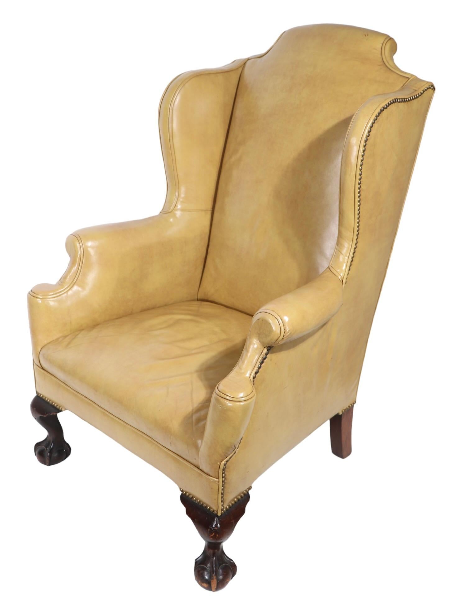 Pr. Leather Wingback Chairs with Ball and Claw Feet and  Nailhead Studs  For Sale 9