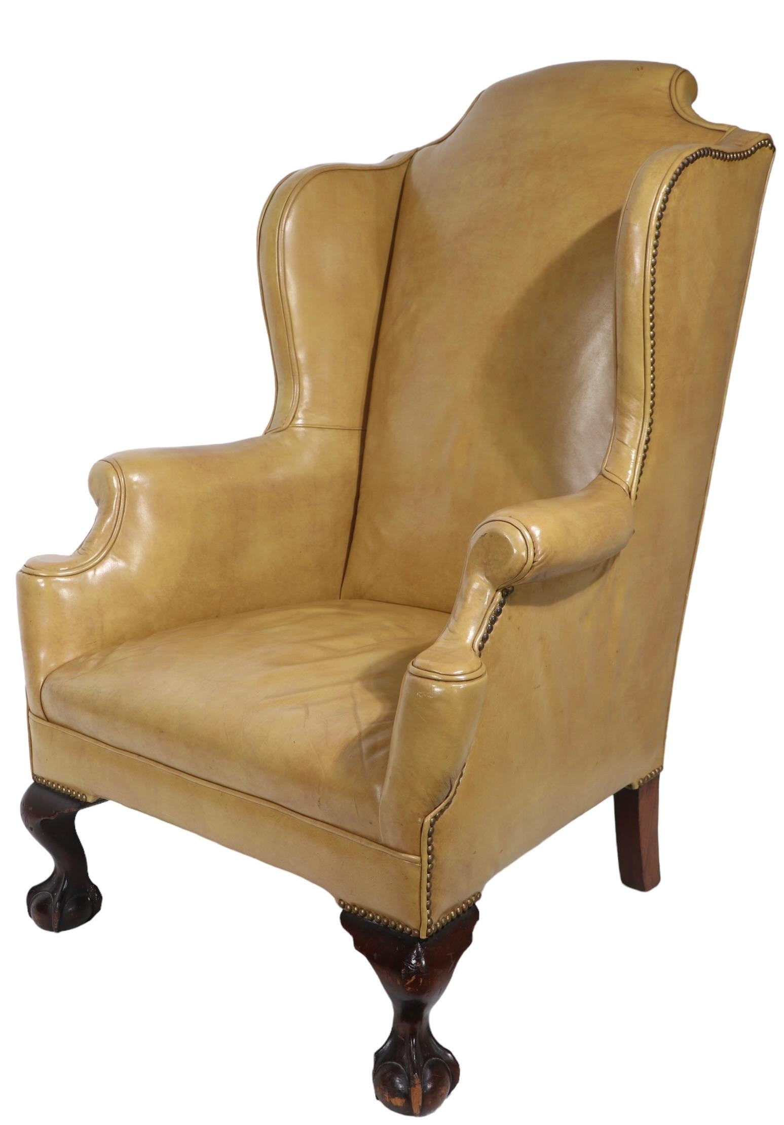 Pr. Leather Wingback Chairs with Ball and Claw Feet and  Nailhead Studs  For Sale 10