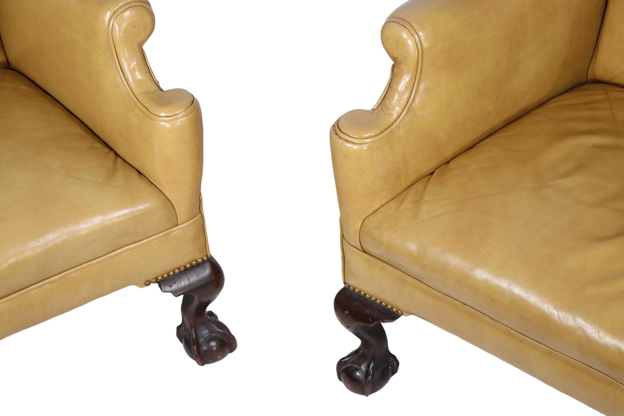 Pr. Leather Wingback Chairs with Ball and Claw Feet and  Nailhead Studs  For Sale 13