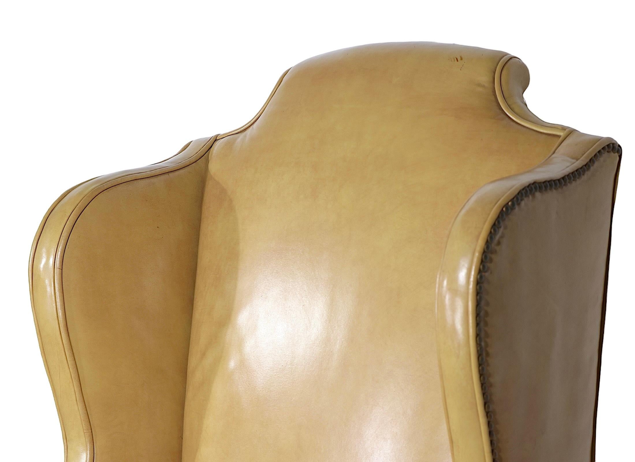 Chippendale Pr. Leather Wingback Chairs with Ball and Claw Feet and  Nailhead Studs  For Sale