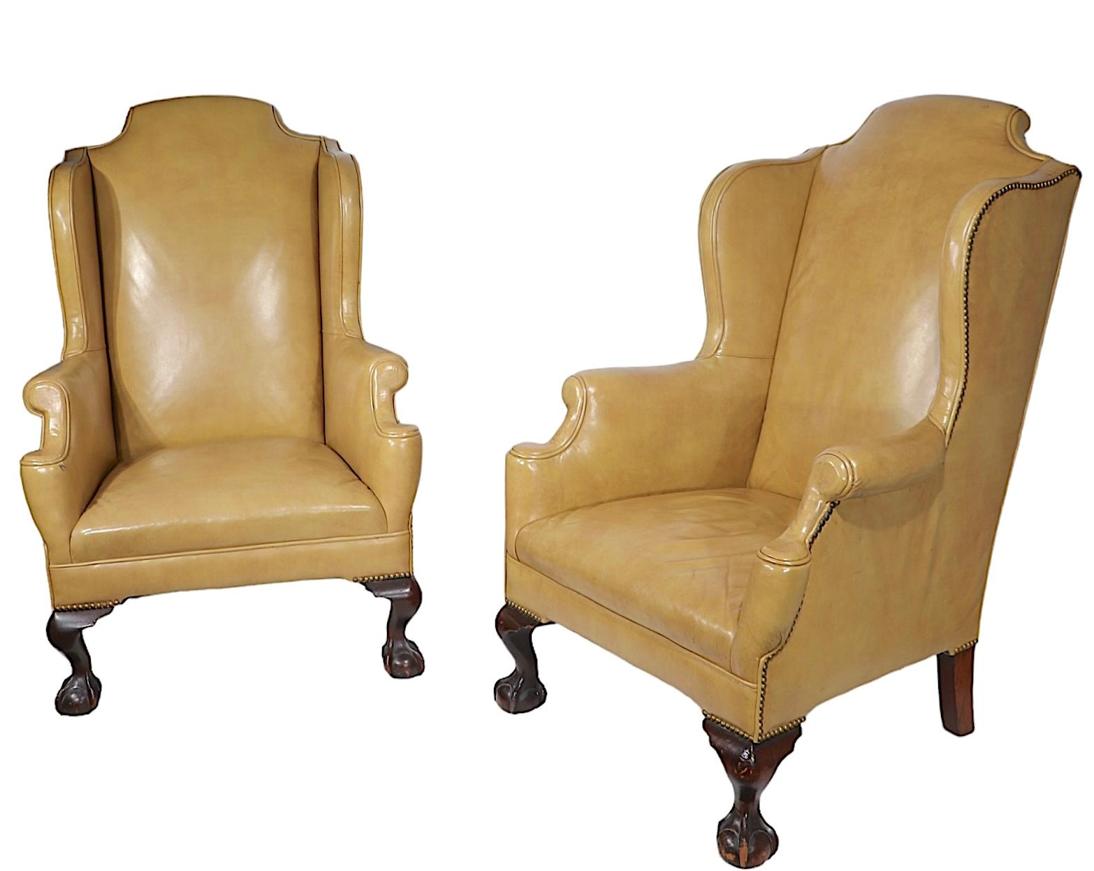 Pr. Leather Wingback Chairs with Ball and Claw Feet and  Nailhead Studs  In Good Condition For Sale In New York, NY