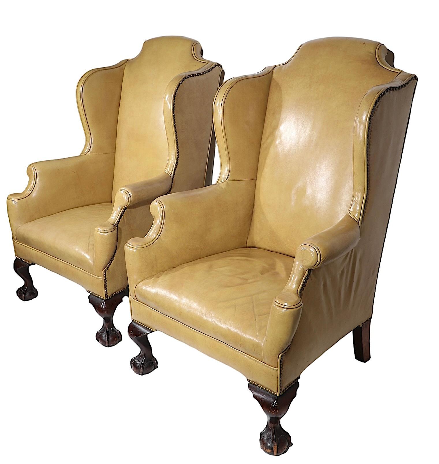 20th Century Pr. Leather Wingback Chairs with Ball and Claw Feet and  Nailhead Studs  For Sale