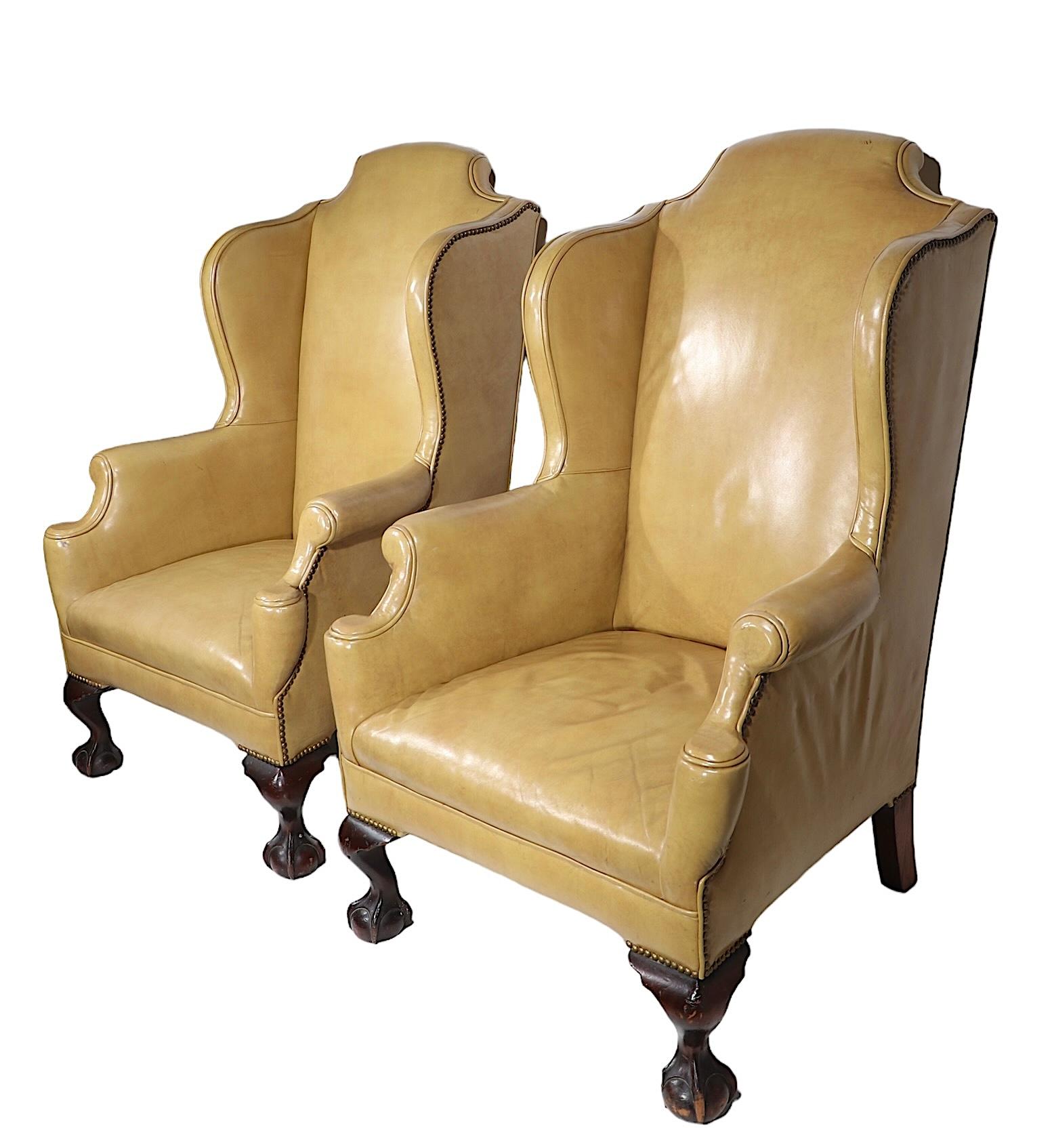 Pr. Leather Wingback Chairs with Ball and Claw Feet and  Nailhead Studs  For Sale 1