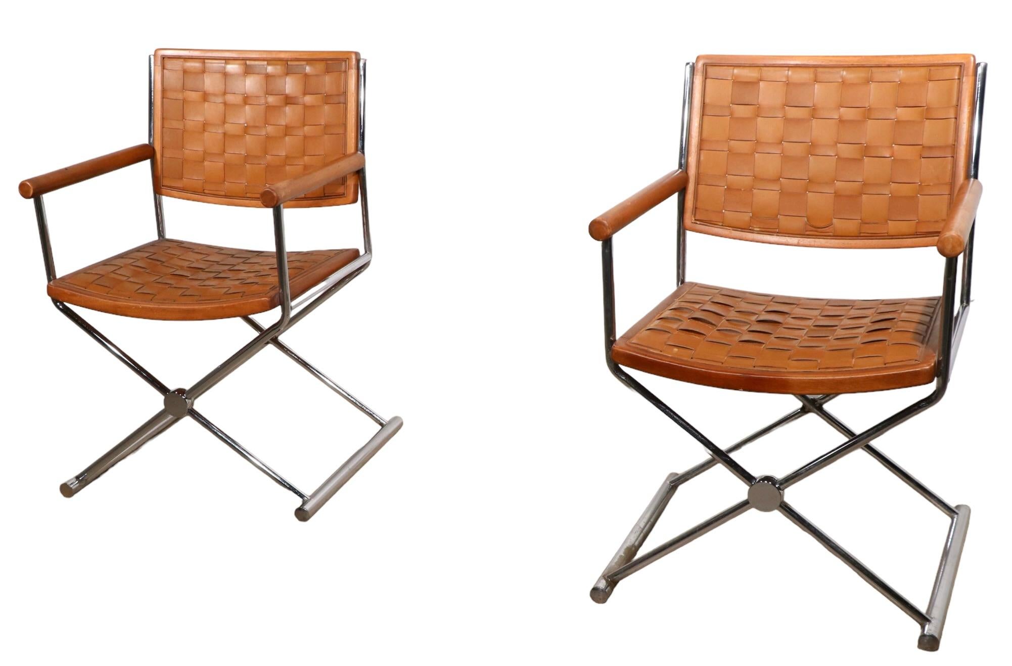 Pr. Leather Wood and Chrome Hollywood Regency Style Directors Chairs c. 1970's 9