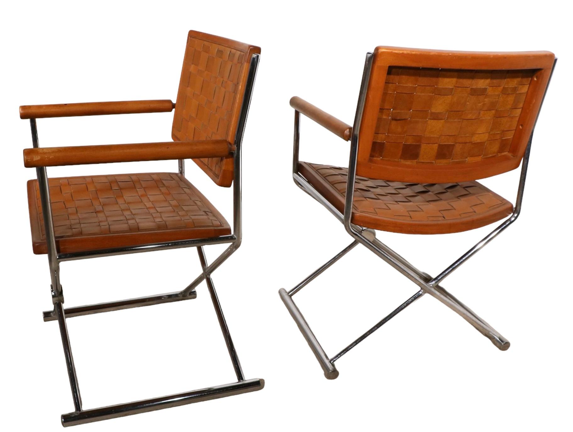 American Pr. Leather Wood and Chrome Hollywood Regency Style Directors Chairs c. 1970's