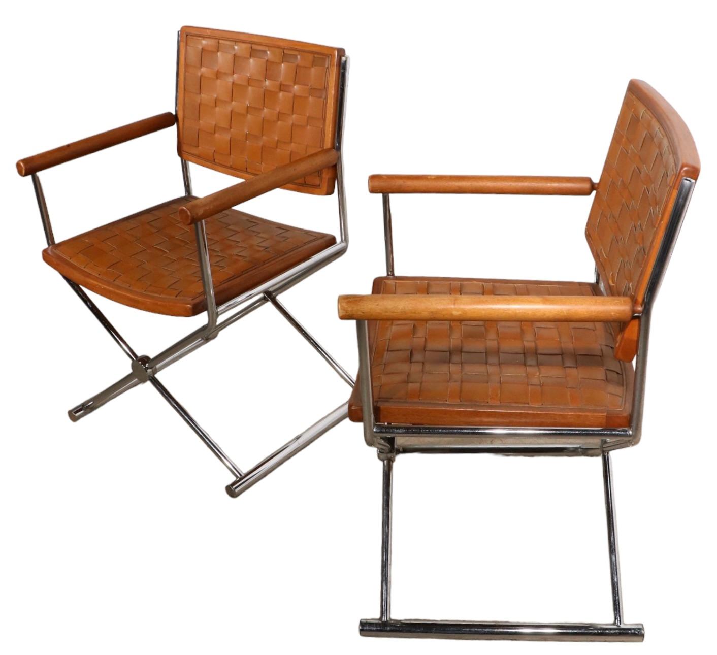 Pr. Leather Wood and Chrome Hollywood Regency Style Directors Chairs c. 1970's 4