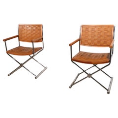 Pr. Leather Wood and Chrome Hollywood Regency Style Directors Chairs c. 1970's