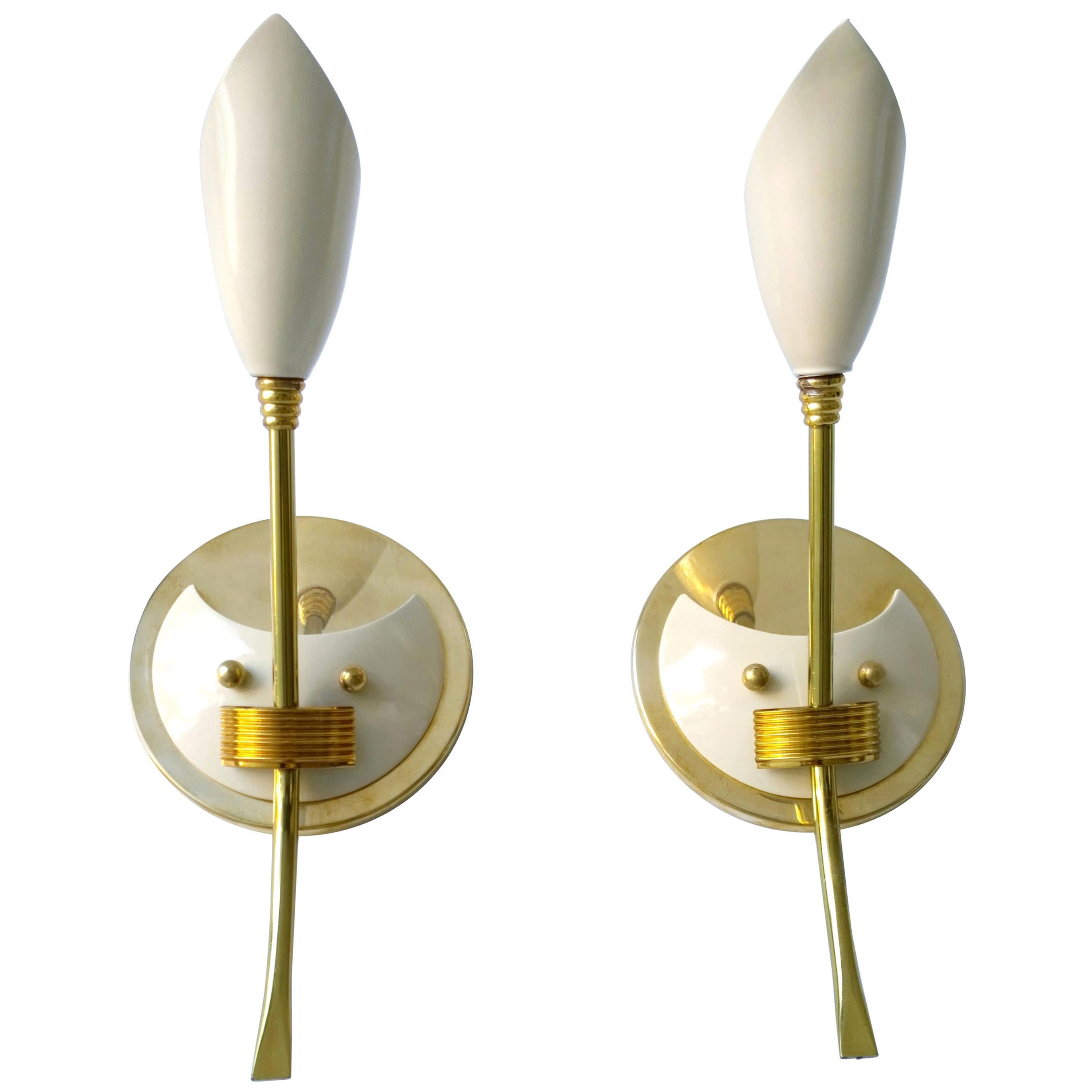 Pr "Lily" Themed White Enameled Brass Sconces with Brass Accents & Back Plate For Sale