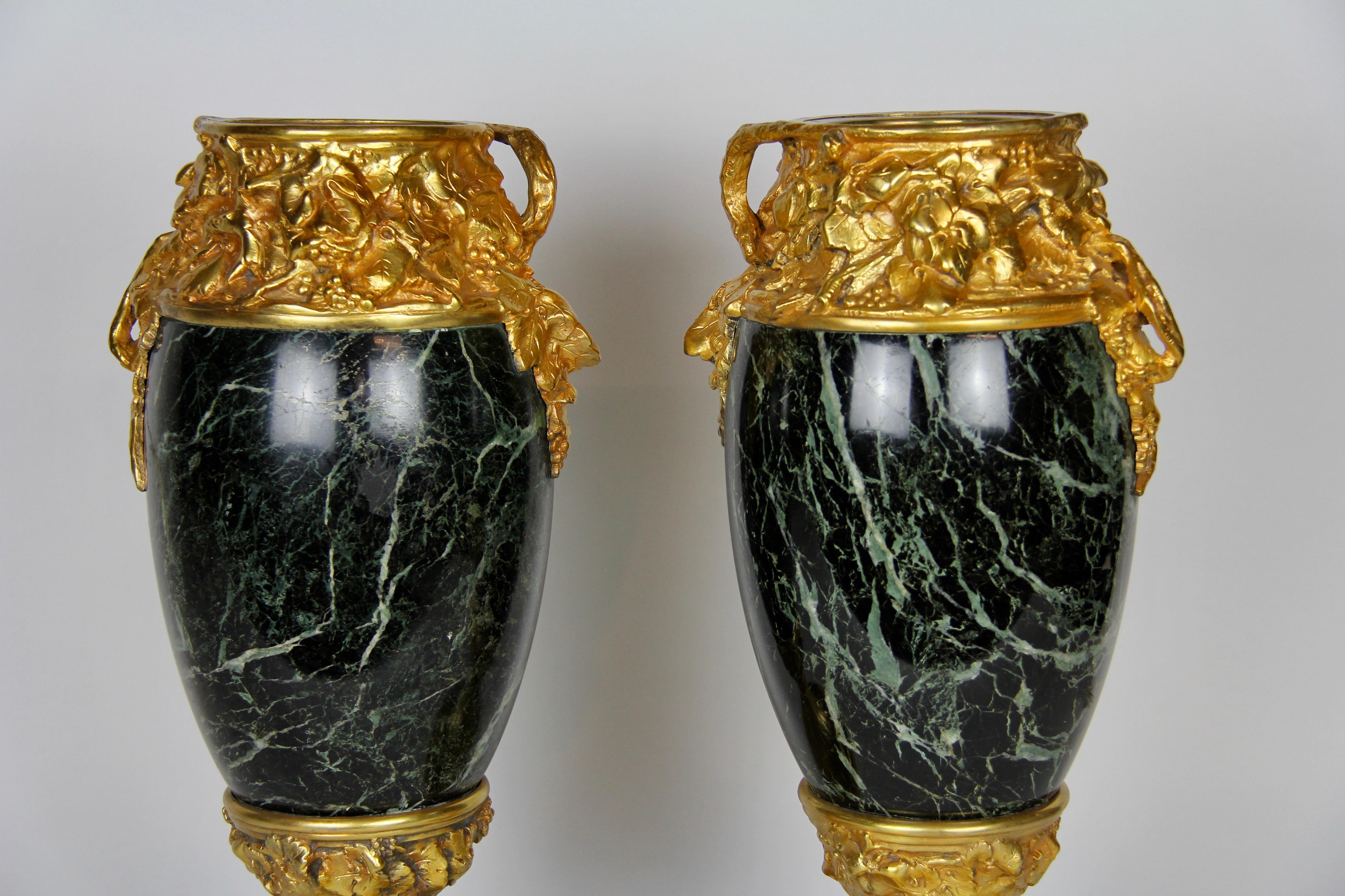 French Pr. Louis Art Nouveau Dore Bronze Mounted Verde Antico Marble Vases A. Marionnet For Sale