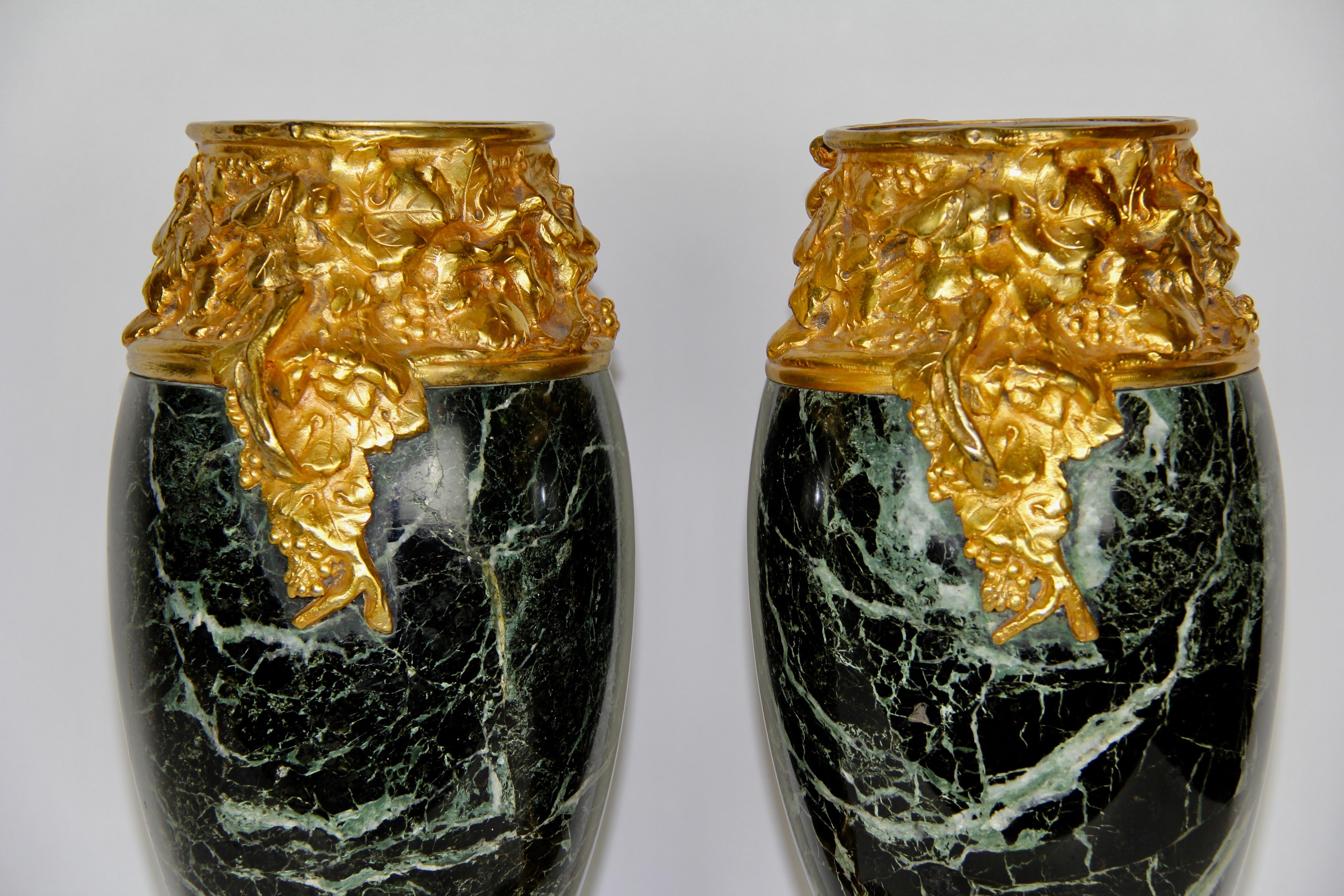 Pr. Louis Art Nouveau Dore Bronze Mounted Verde Antico Marble Vases A. Marionnet In Good Condition For Sale In New York, NY
